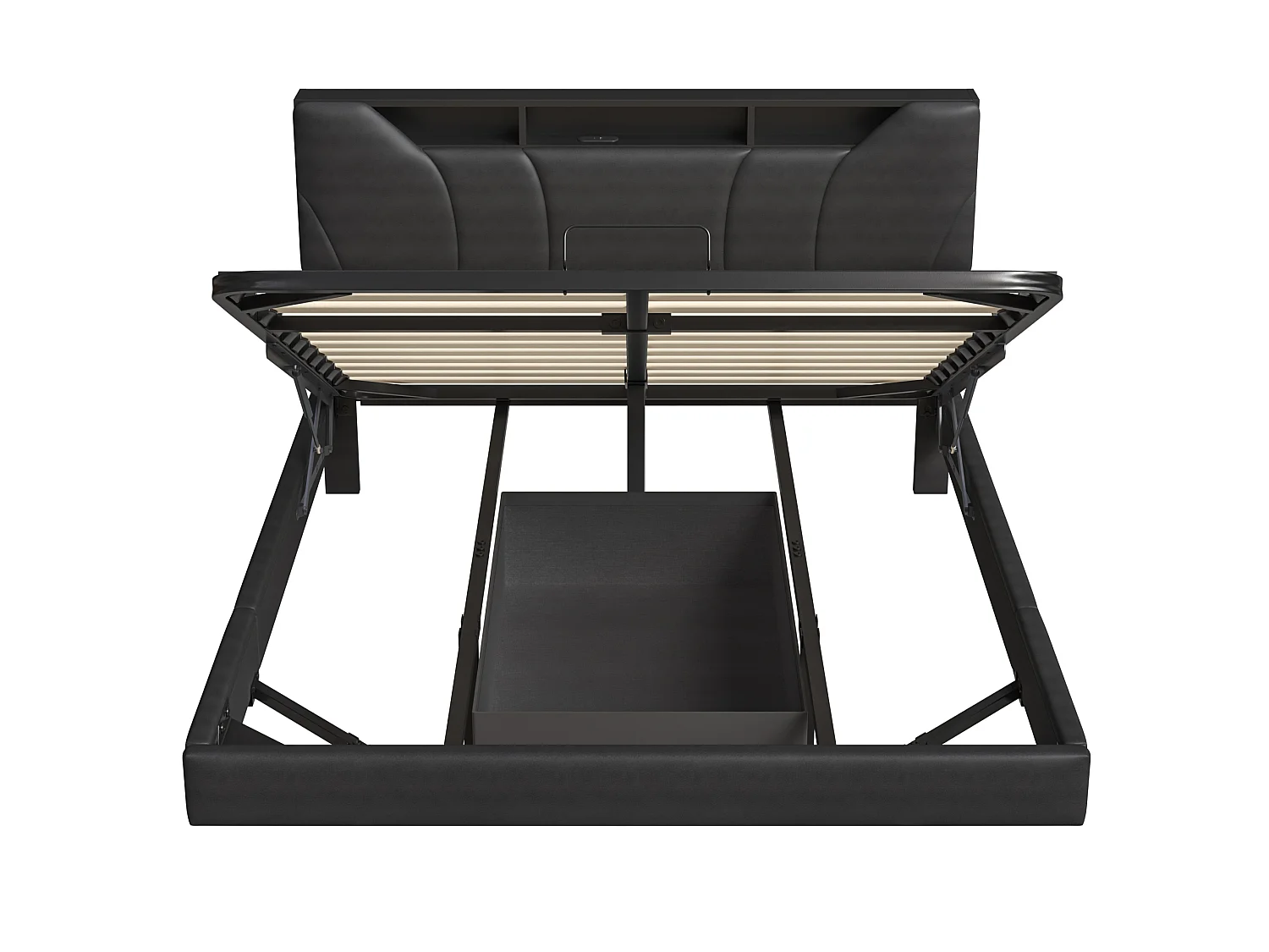 DreamMespace Lit Flottant Coffre 160x200 cm Queen Size - Lit Double avec Tête Rabattable LED & USB-C, Similicuir Noir