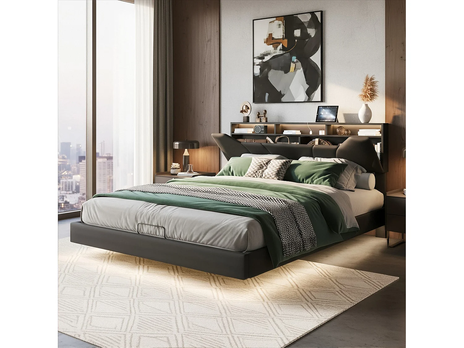 DreamMespace Lit Flottant Coffre 140x200 cm - Lit Double avec Tête Rabattable LED & USB-C, Similicuir Noir
