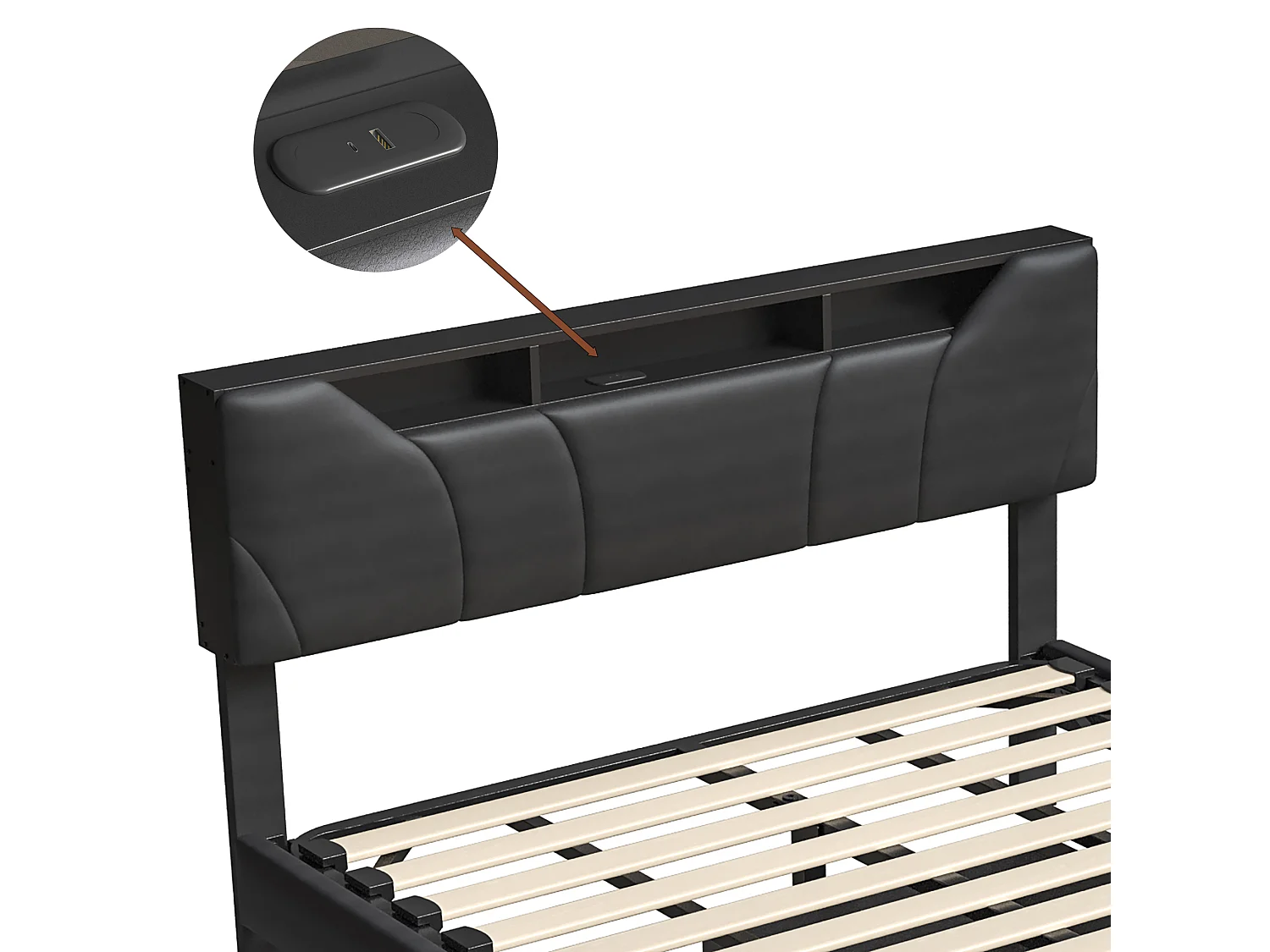 DreamMespace Lit Flottant Coffre 140x200 cm - Lit Double avec Tête Rabattable LED & USB-C, Similicuir Noir