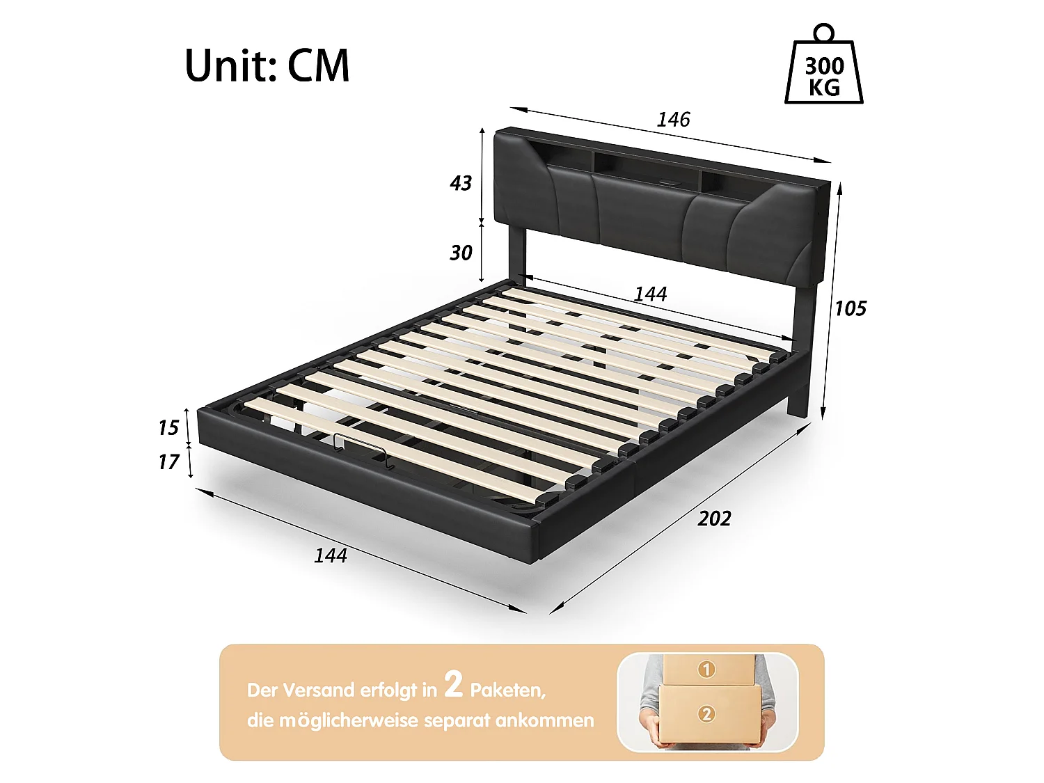 DreamMespace Lit Flottant Coffre 140x200 cm - Lit Double avec Tête Rabattable LED & USB-C, Similicuir Noir