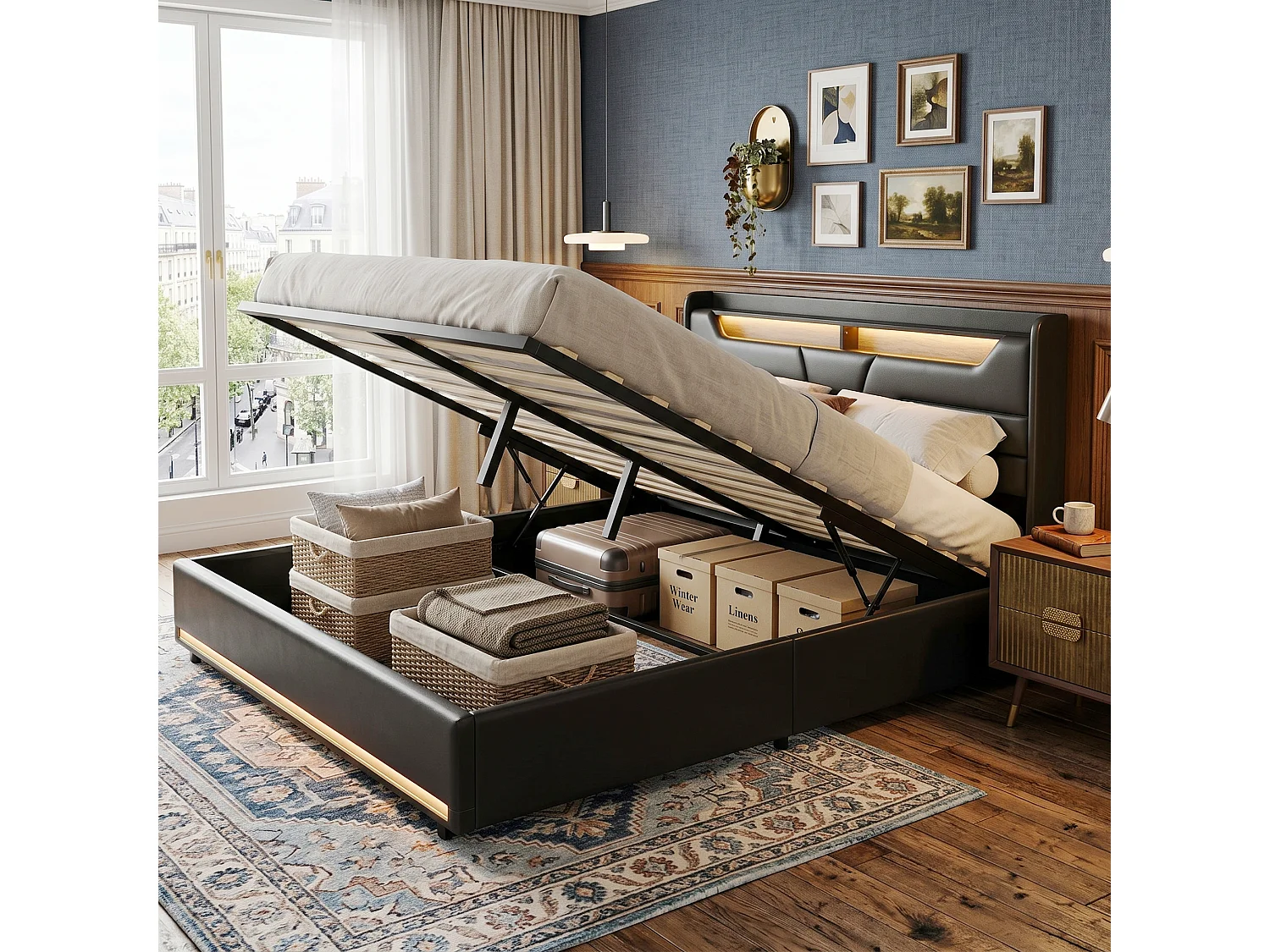 DreamMespace Lit Coffre 140x190 cm - Rangement Hydraulique avec Tête de Lit Prises USB & Double LED, Similicuir Noir