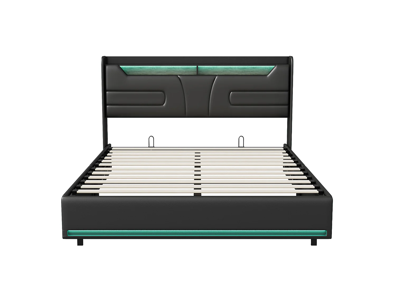 DreamMespace Lit Coffre 140x190 cm - Rangement Hydraulique avec Tête de Lit Prises USB & Double LED, Similicuir Noir