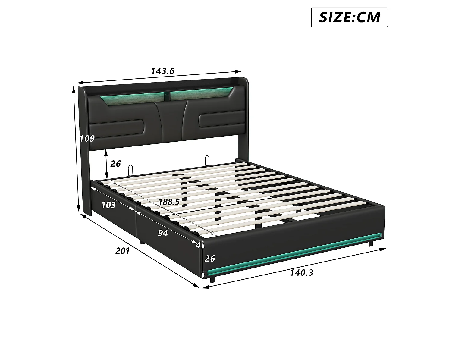 DreamMespace Lit Coffre 140x190 cm - Rangement Hydraulique avec Tête de Lit Prises USB & Double LED, Similicuir Noir