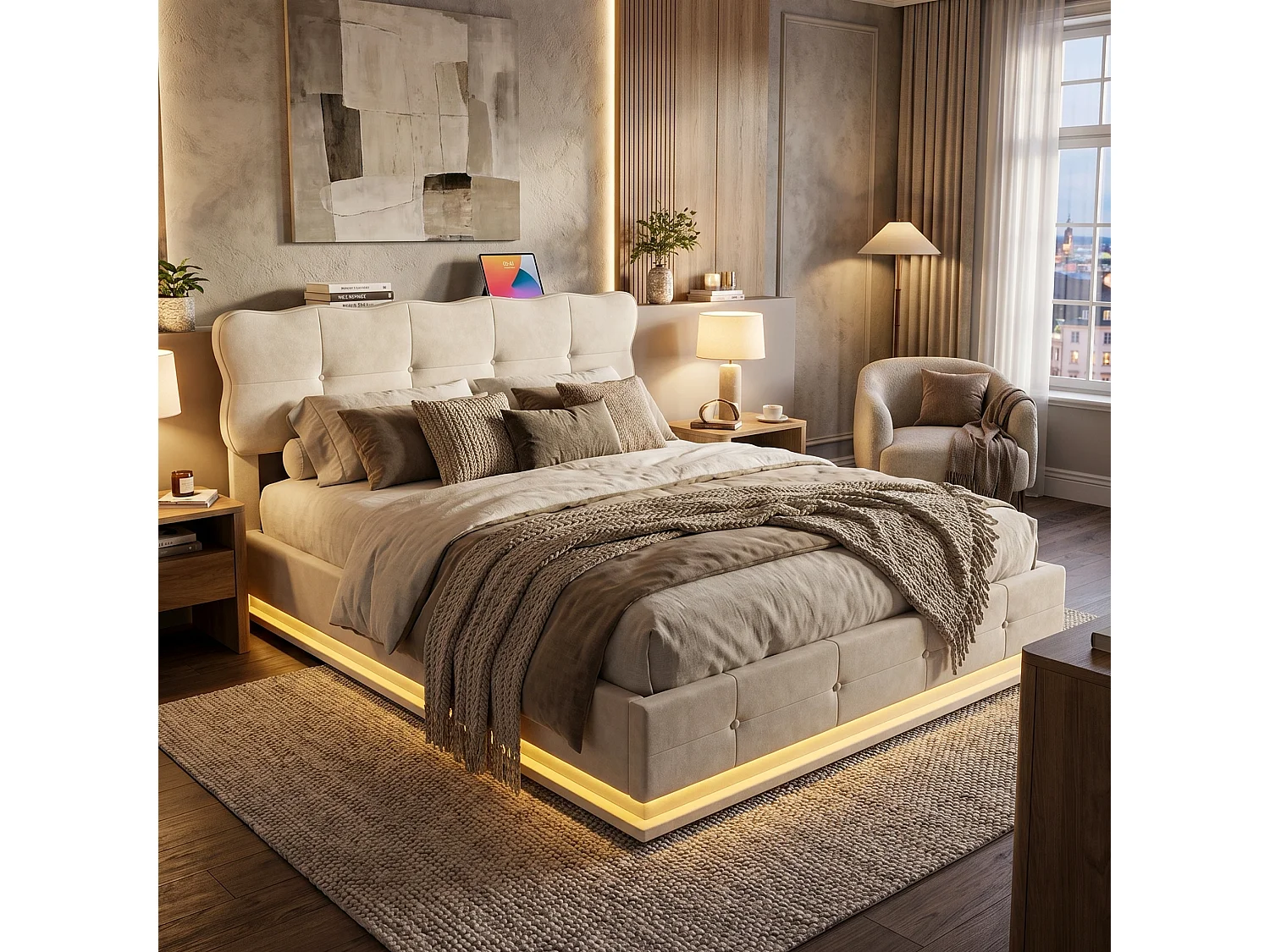 DreamMespace Lit Coffre 140x190 cm - Lit Double Hydraulique avec Tête de Lit Vague Nuage & LED, Velours Beige