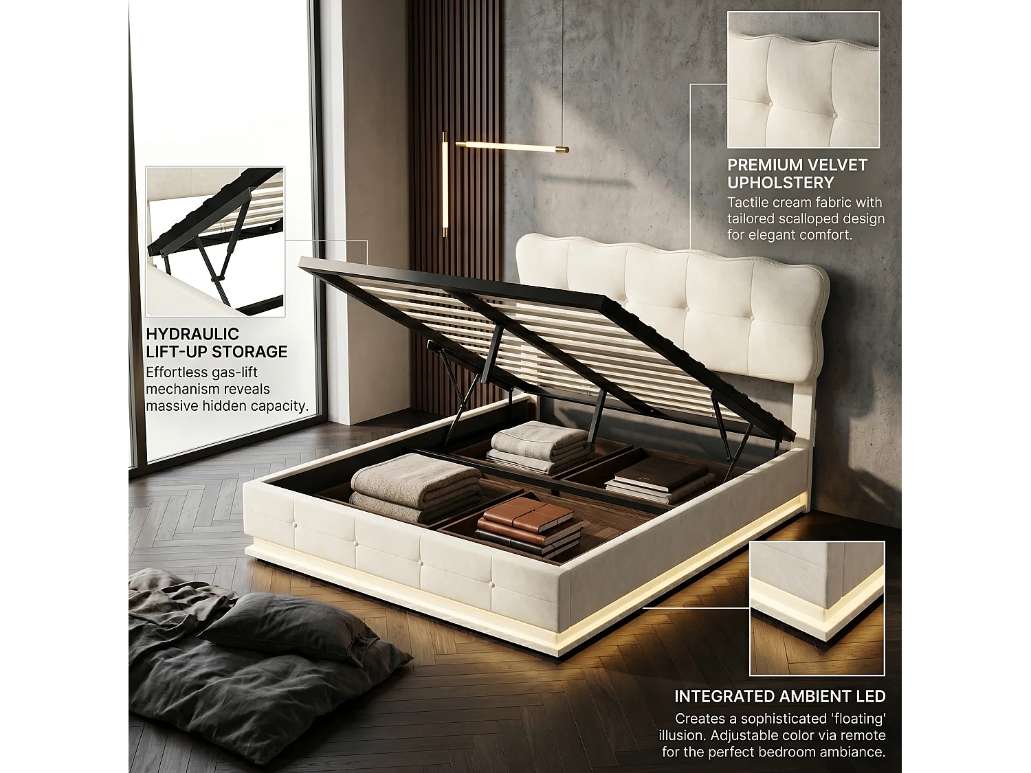 DreamMespace Lit Coffre 140x190 cm - Lit Double Hydraulique avec Tête de Lit Vague Nuage & LED, Velours Beige