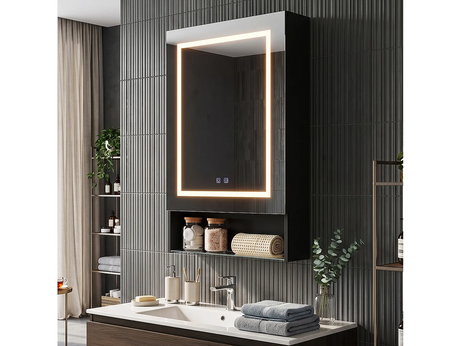 DreamMespace Armoire Miroir de Salle de Bain LED 50x16x88 cm - Meuble de Rangement 1 Porte & Étagères en Verre, Anti-Buée & Tactile Noir