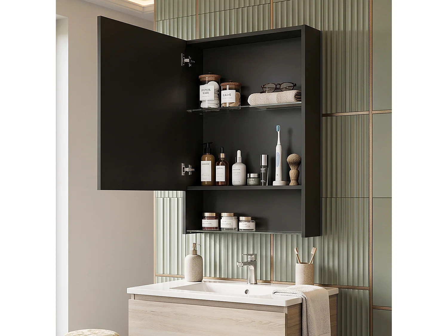 DreamMespace Armoire Miroir de Salle de Bain LED 50x16x88 cm - Meuble de Rangement 1 Porte & Étagères en Verre, Anti-Buée & Tactile Noir