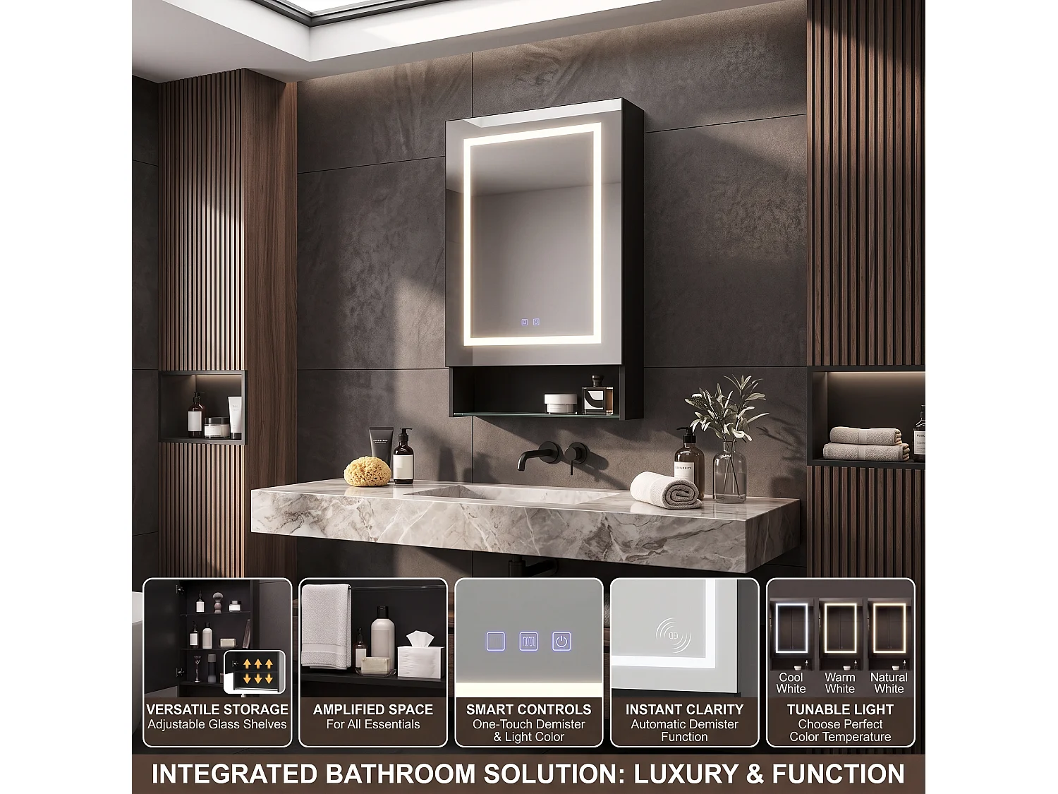DreamMespace Armoire Miroir de Salle de Bain LED 50x16x88 cm - Meuble de Rangement 1 Porte & Étagères en Verre, Anti-Buée & Tactile Noir