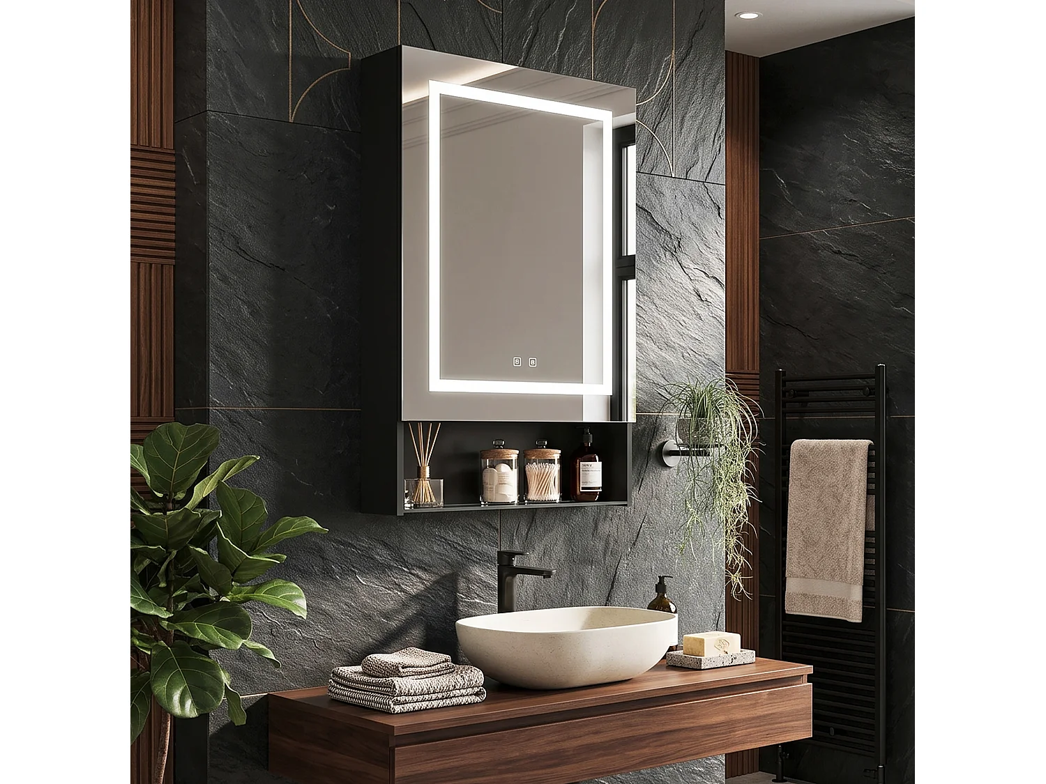 DreamMespace Armoire Miroir de Salle de Bain LED 50x16x88 cm - Meuble de Rangement 1 Porte & Étagères en Verre, Anti-Buée & Tactile Noir