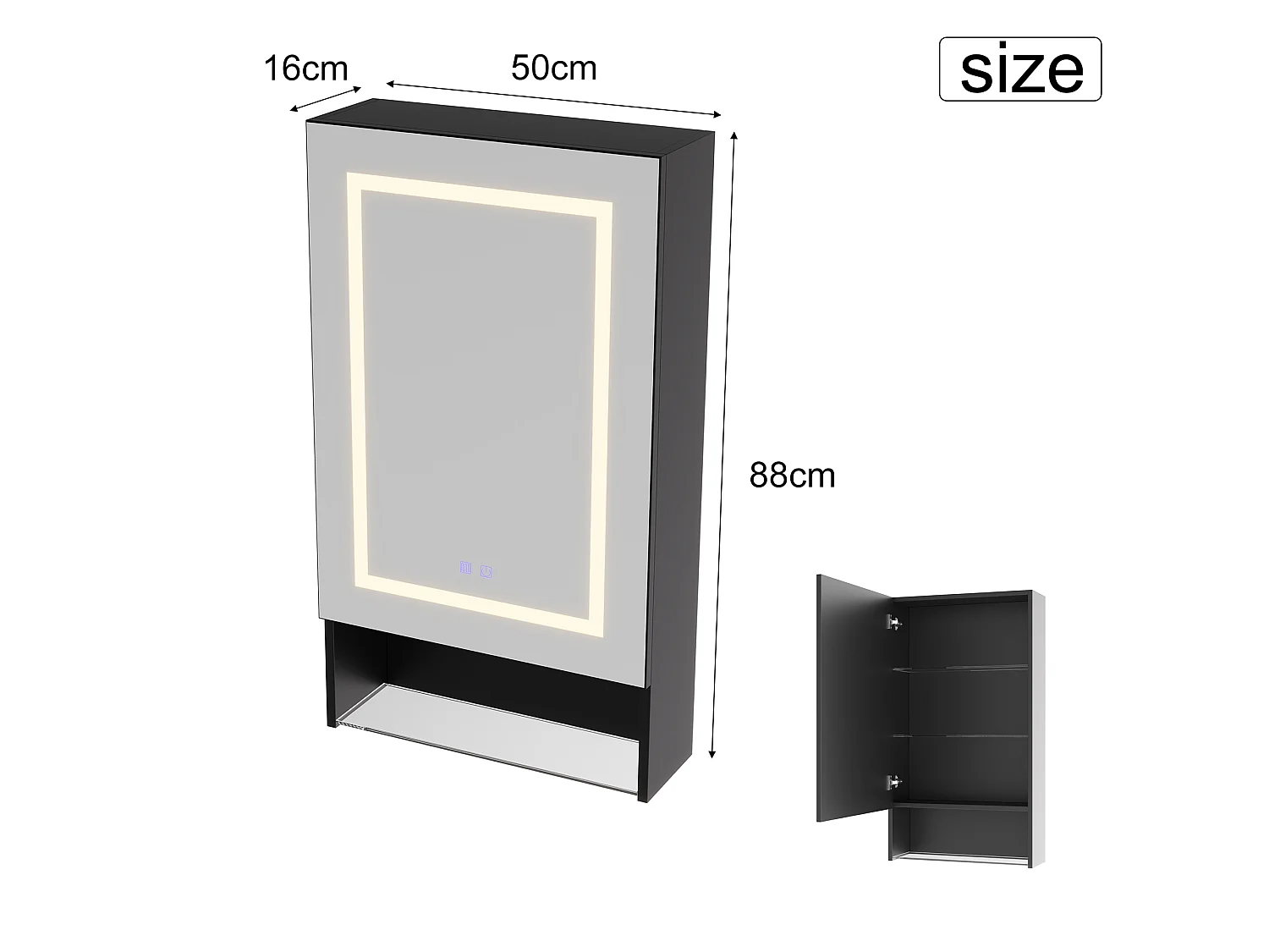 DreamMespace Armoire Miroir de Salle de Bain LED 50x16x88 cm - Meuble de Rangement 1 Porte & Étagères en Verre, Anti-Buée & Tactile Noir