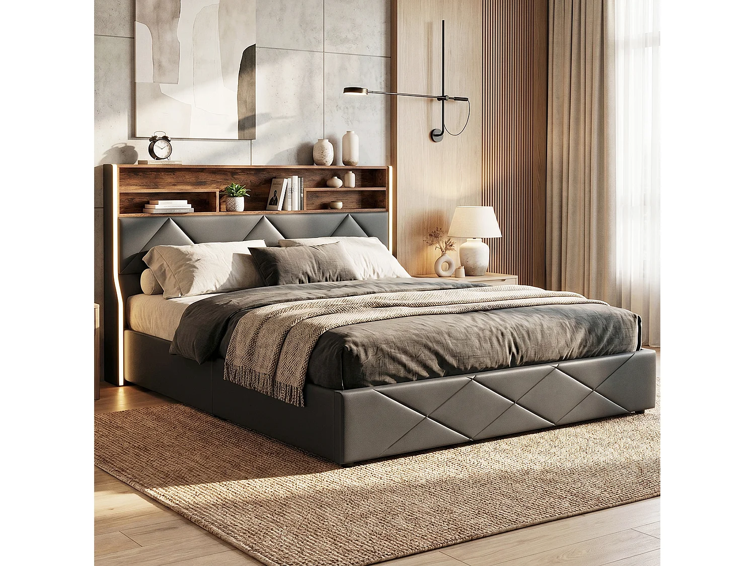 DreamMespace Lit Coffre 160x200 cm - Rangement Hydraulique avec Tête de Lit Port USB Type-C & LED, Similicuir Noir
