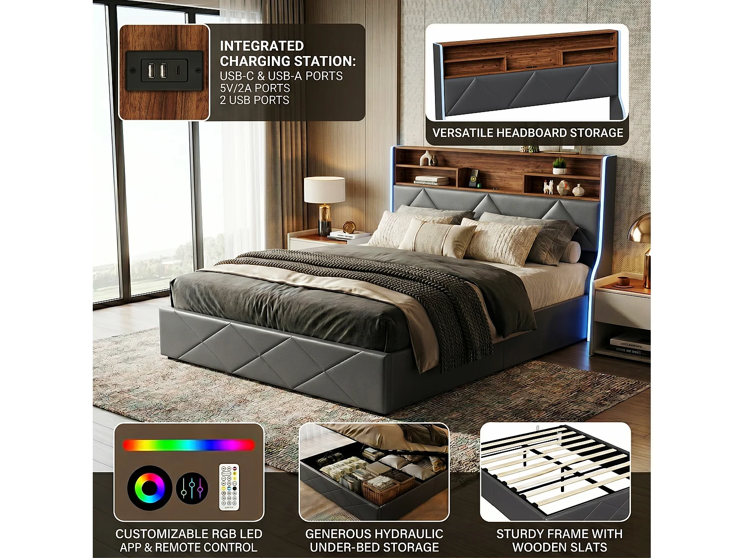 DreamMespace Lit Coffre 160x200 cm - Rangement Hydraulique avec Tête de Lit Port USB Type-C & LED, Similicuir Noir