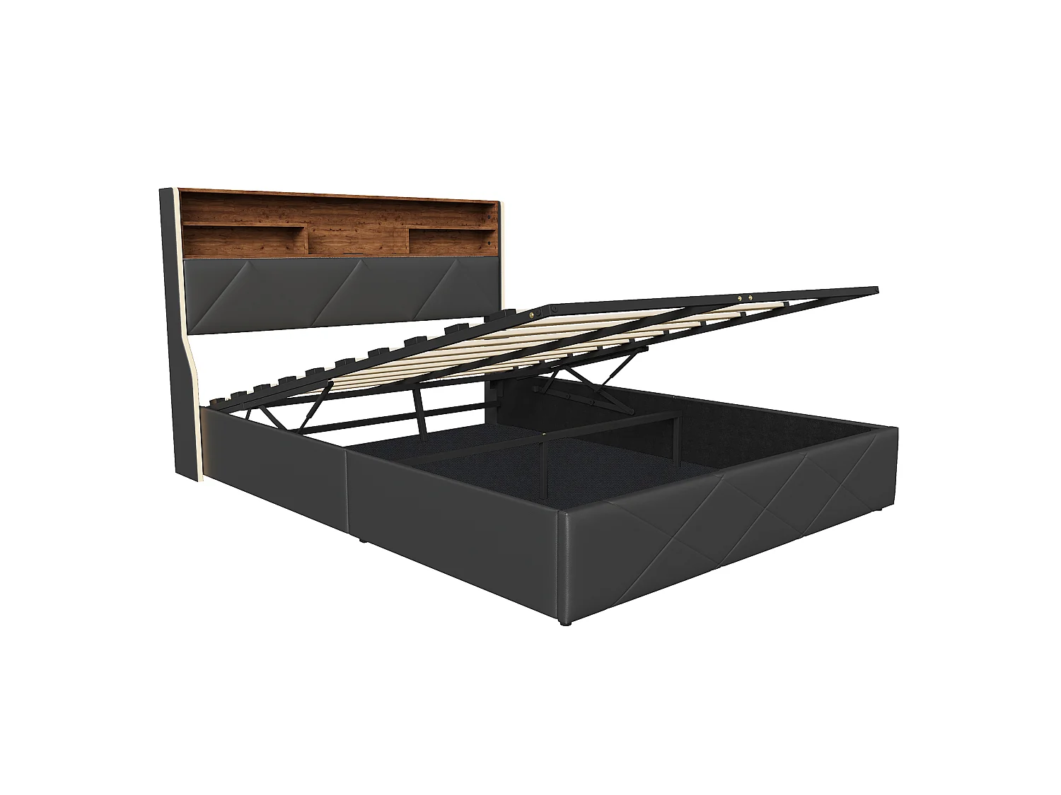 DreamMespace Lit Coffre 160x200 cm - Rangement Hydraulique avec Tête de Lit Port USB Type-C & LED, Similicuir Noir