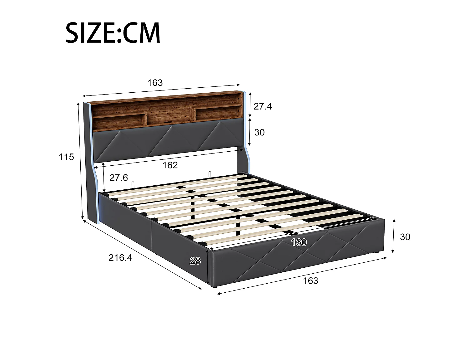DreamMespace Lit Coffre 160x200 cm - Rangement Hydraulique avec Tête de Lit Port USB Type-C & LED, Similicuir Noir