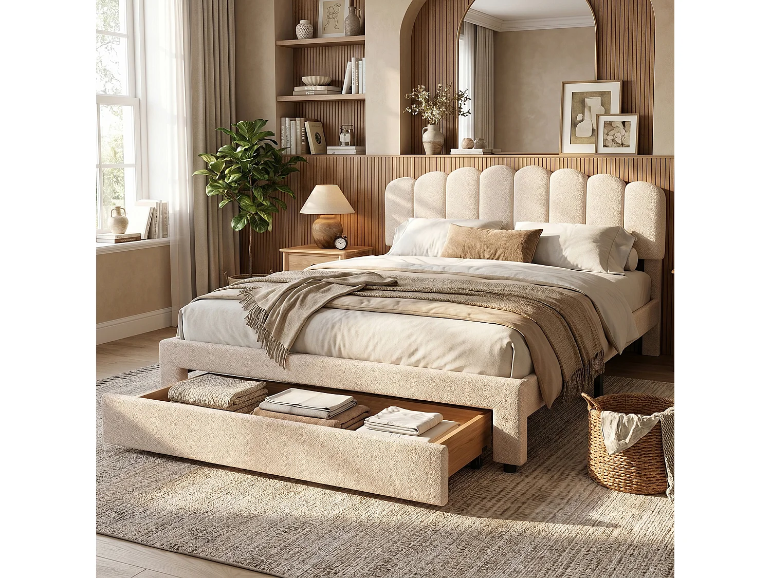 DreamMespace Lit Double 160x200 cm Queen Size avec 1 Grand Tiroir - Lit Pétale avec Prise USB Type-C, Tissu Bouclette Beige