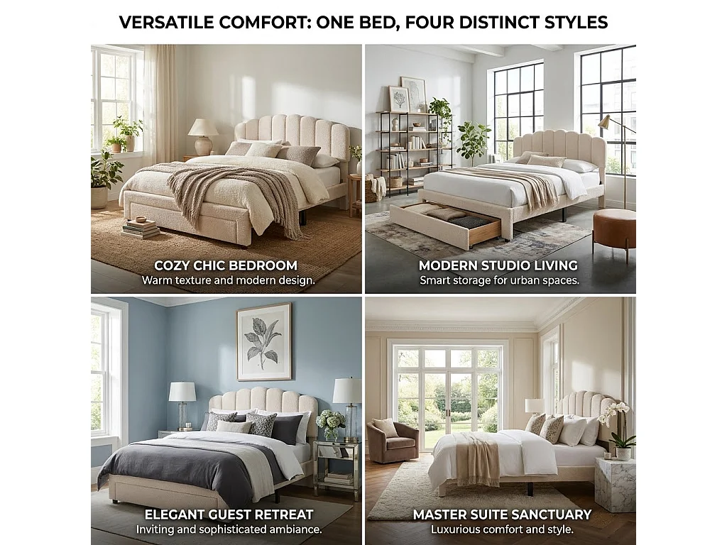DreamMespace Lit Double 160x200 cm Queen Size avec 1 Grand Tiroir - Lit Pétale avec Prise USB Type-C, Tissu Bouclette Beige