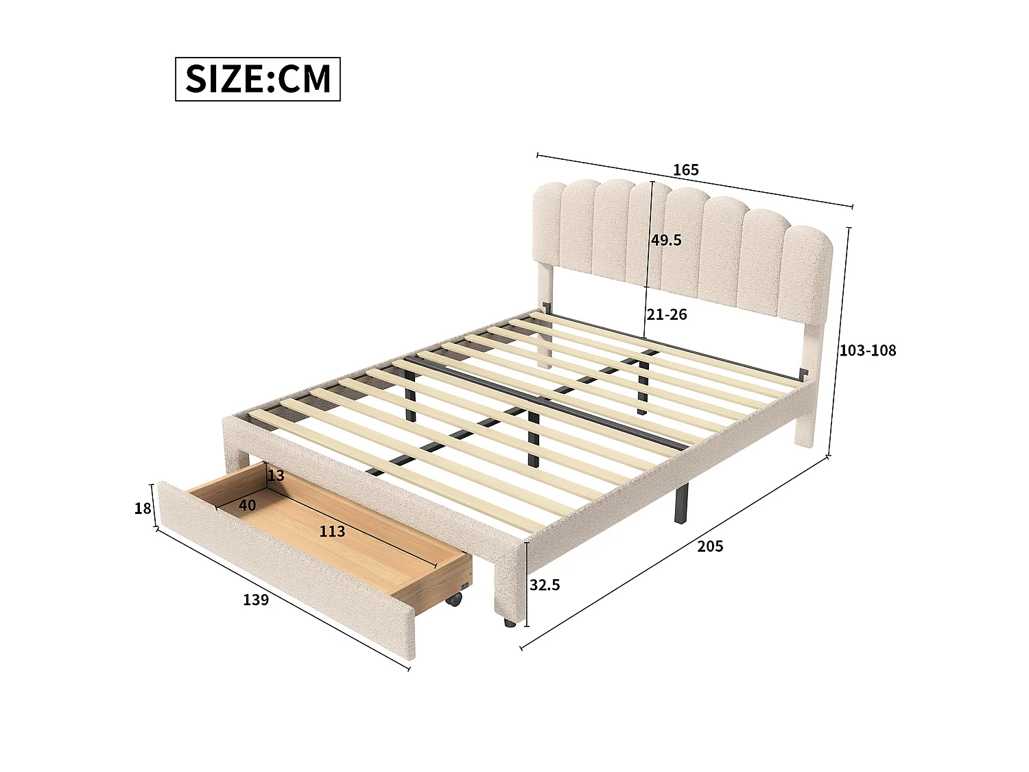 DreamMespace Lit Double 160x200 cm Queen Size avec 1 Grand Tiroir - Lit Pétale avec Prise USB Type-C, Tissu Bouclette Beige