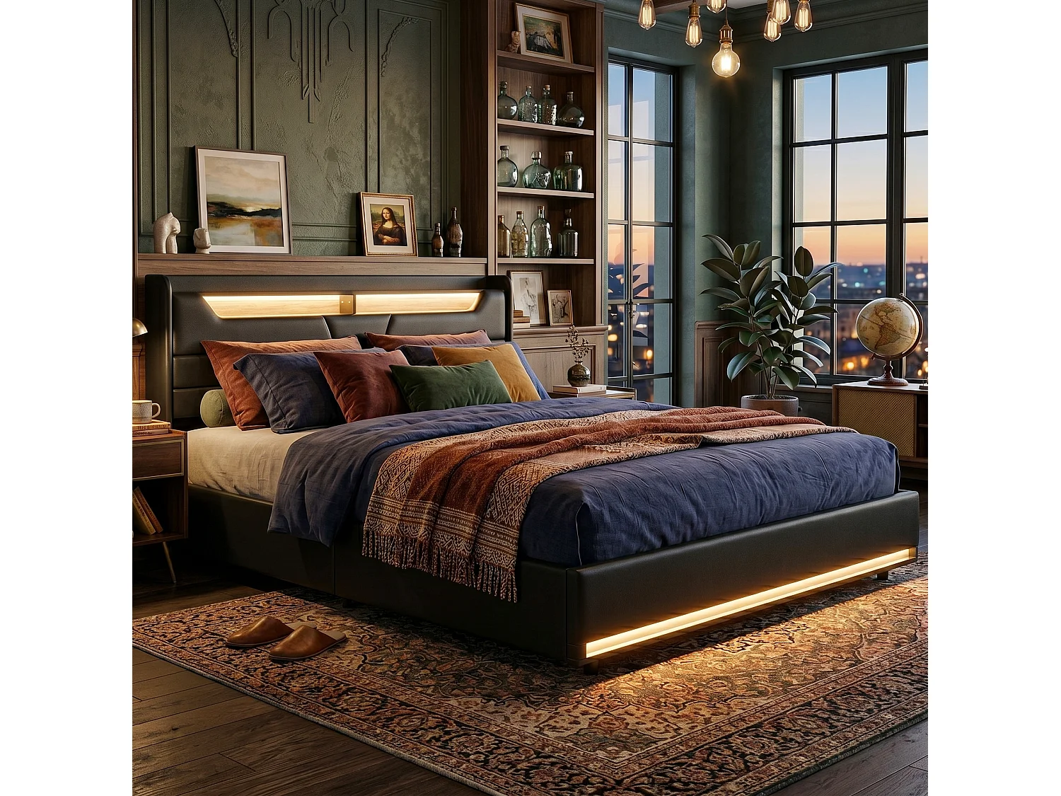 DreamMespace Lit Coffre 160x200 cm - Rangement Hydraulique avec Tête de Lit Prises USB & Double LED, Similicuir Noir