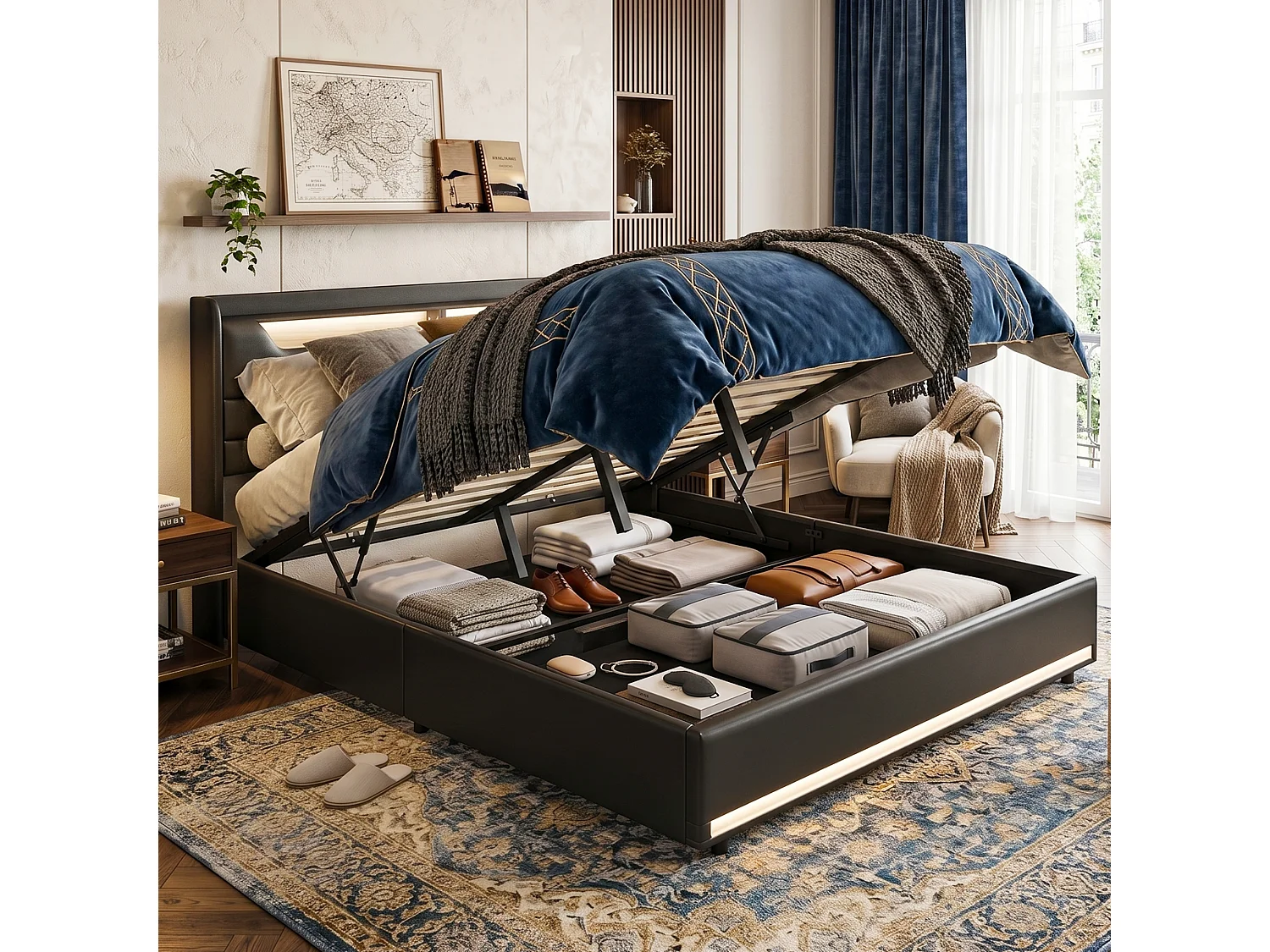 DreamMespace Lit Coffre 160x200 cm - Rangement Hydraulique avec Tête de Lit Prises USB & Double LED, Similicuir Noir