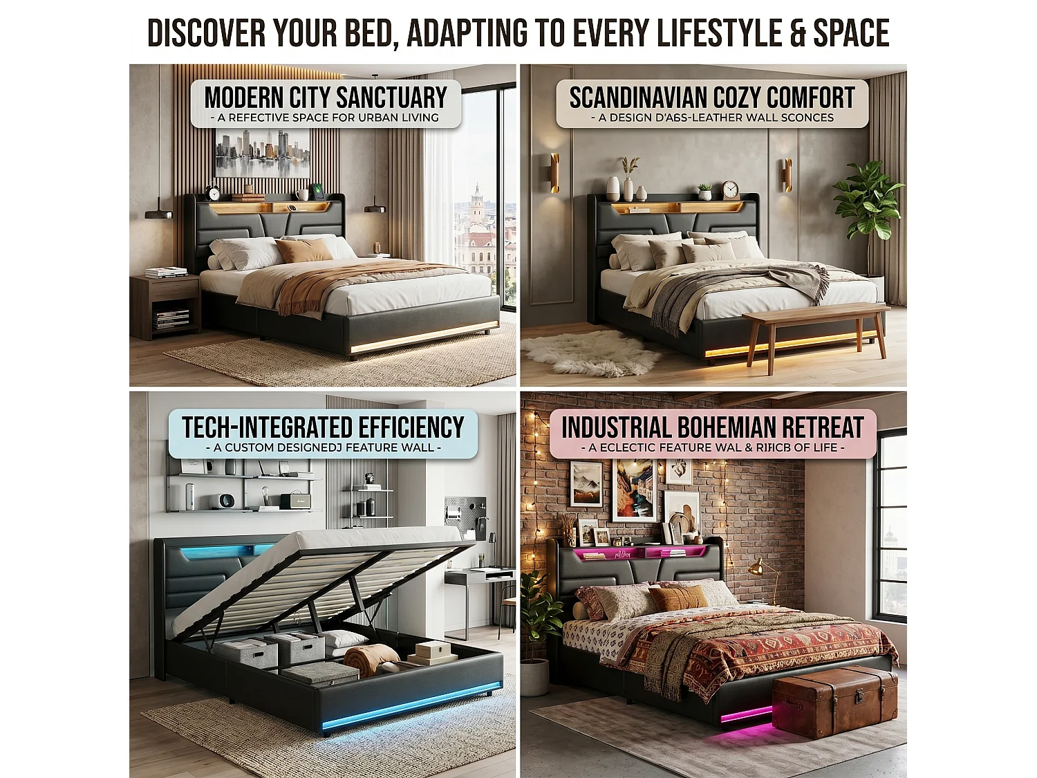 DreamMespace Lit Coffre 160x200 cm - Rangement Hydraulique avec Tête de Lit Prises USB & Double LED, Similicuir Noir