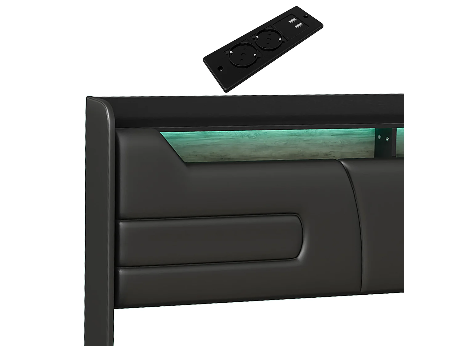 DreamMespace Lit Coffre 160x200 cm - Rangement Hydraulique avec Tête de Lit Prises USB & Double LED, Similicuir Noir