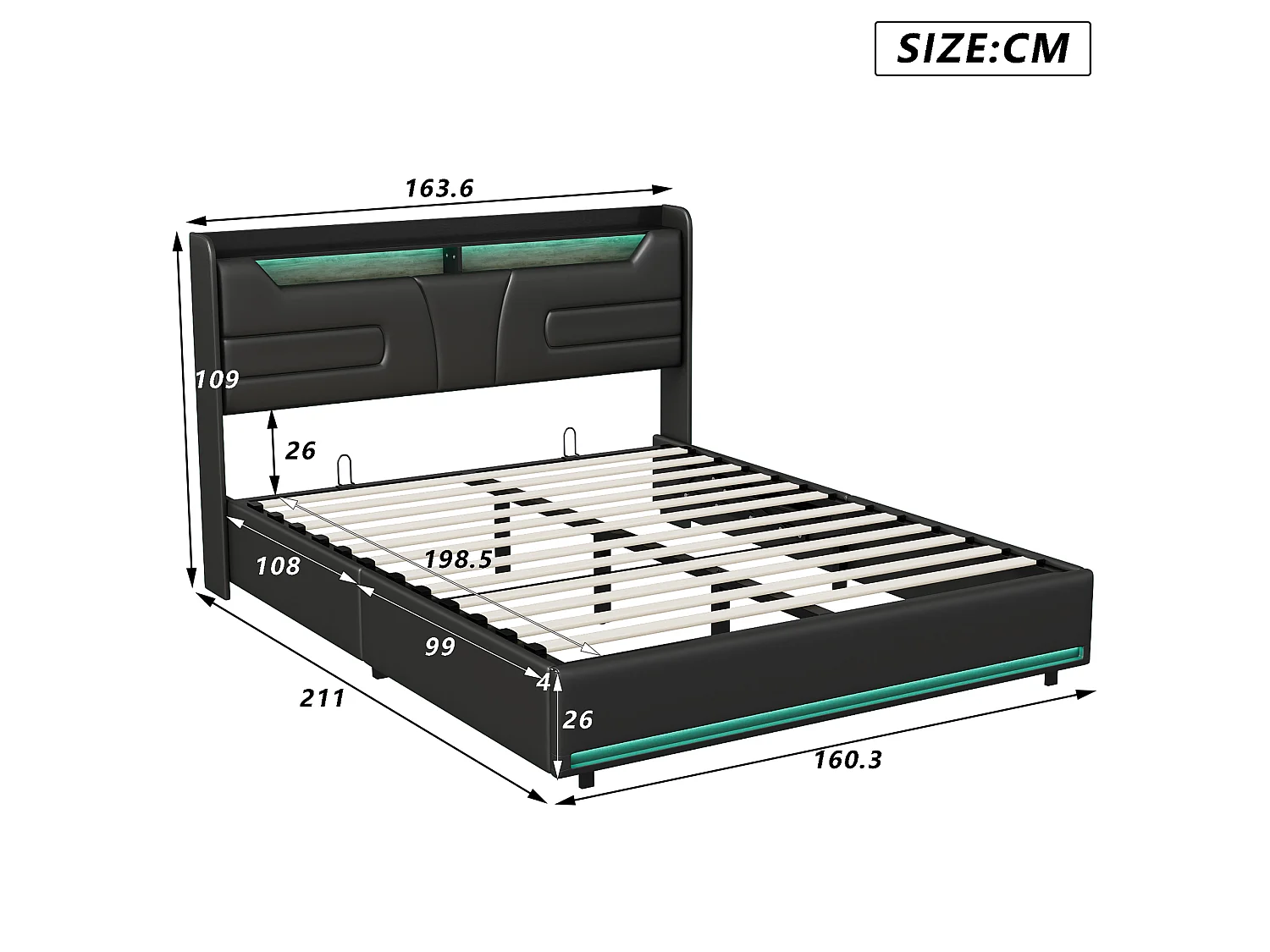 DreamMespace Lit Coffre 160x200 cm - Rangement Hydraulique avec Tête de Lit Prises USB & Double LED, Similicuir Noir