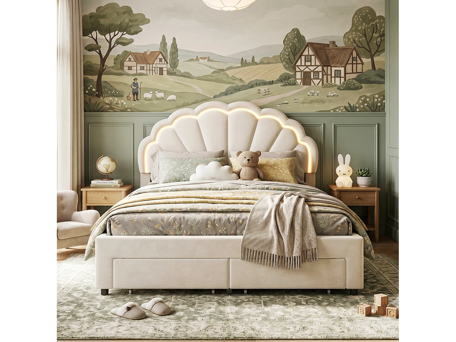 DreamMespace Lit Rembourré 140x200 cm - Meuble de Rangement Lit Coquille LED RGB & 2 Tiroirs, Velours Blanc