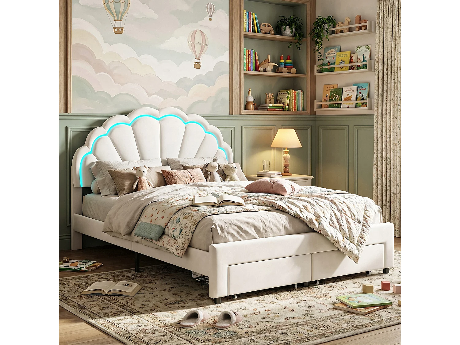 DreamMespace Lit Rembourré 140x200 cm - Meuble de Rangement Lit Coquille LED RGB & 2 Tiroirs, Velours Blanc