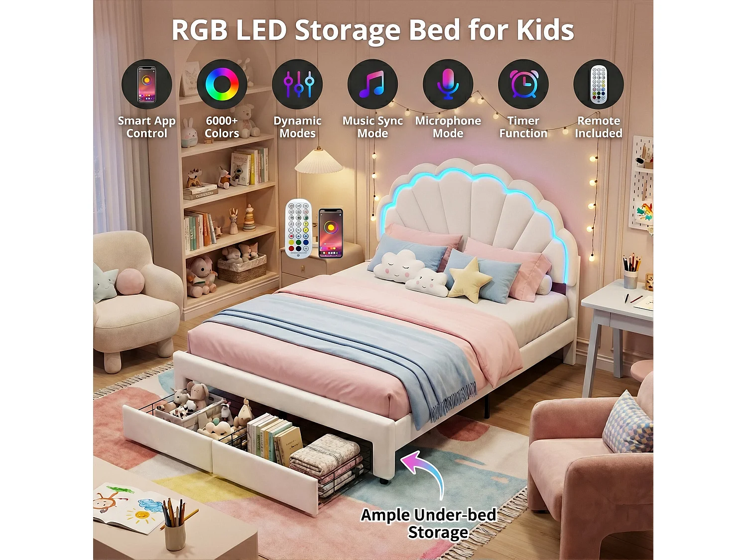 DreamMespace Lit Rembourré 140x200 cm - Meuble de Rangement Lit Coquille LED RGB & 2 Tiroirs, Velours Blanc