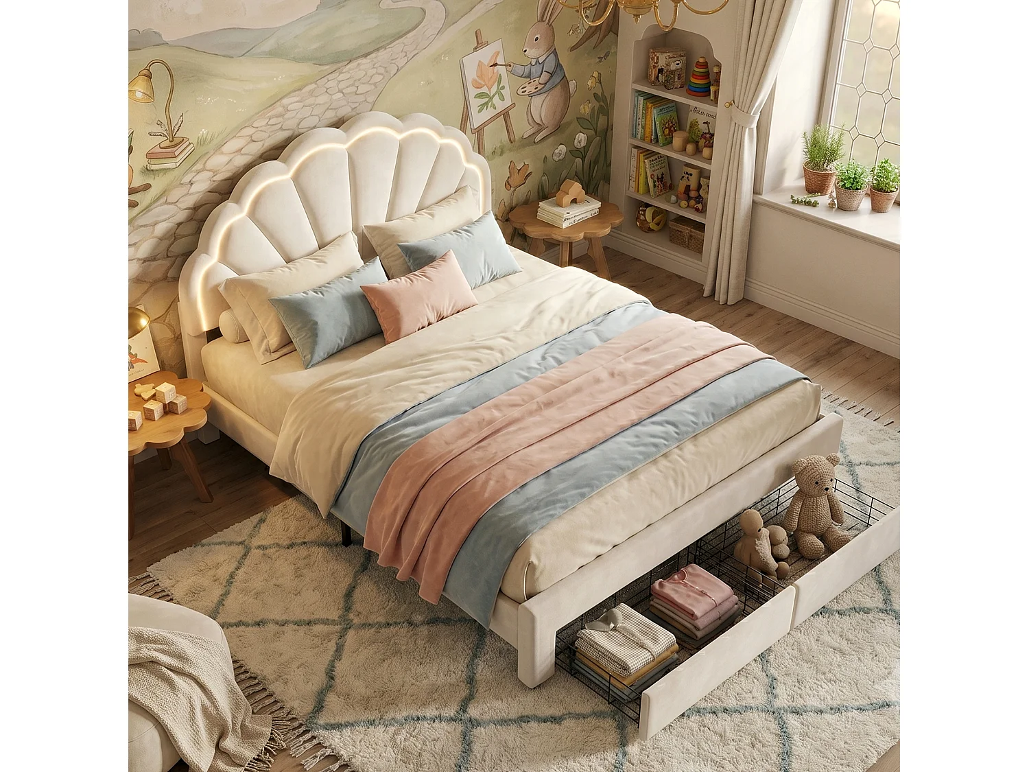 DreamMespace Lit Rembourré 140x200 cm - Meuble de Rangement Lit Coquille LED RGB & 2 Tiroirs, Velours Blanc
