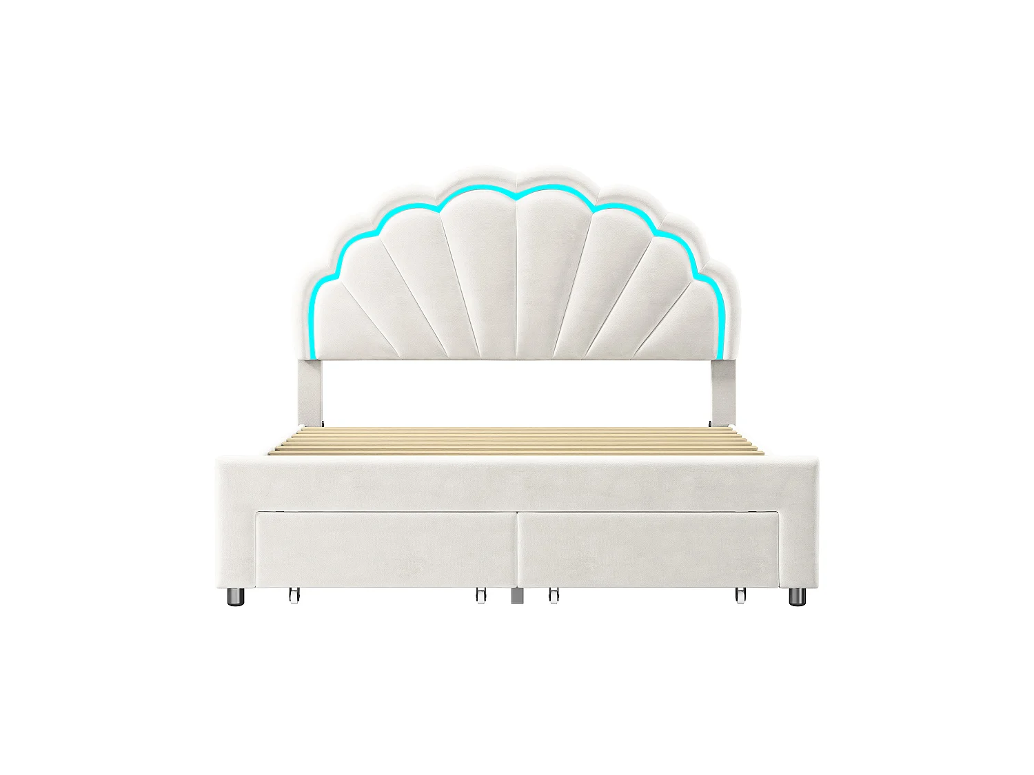 DreamMespace Lit Rembourré 140x200 cm - Meuble de Rangement Lit Coquille LED RGB & 2 Tiroirs, Velours Blanc