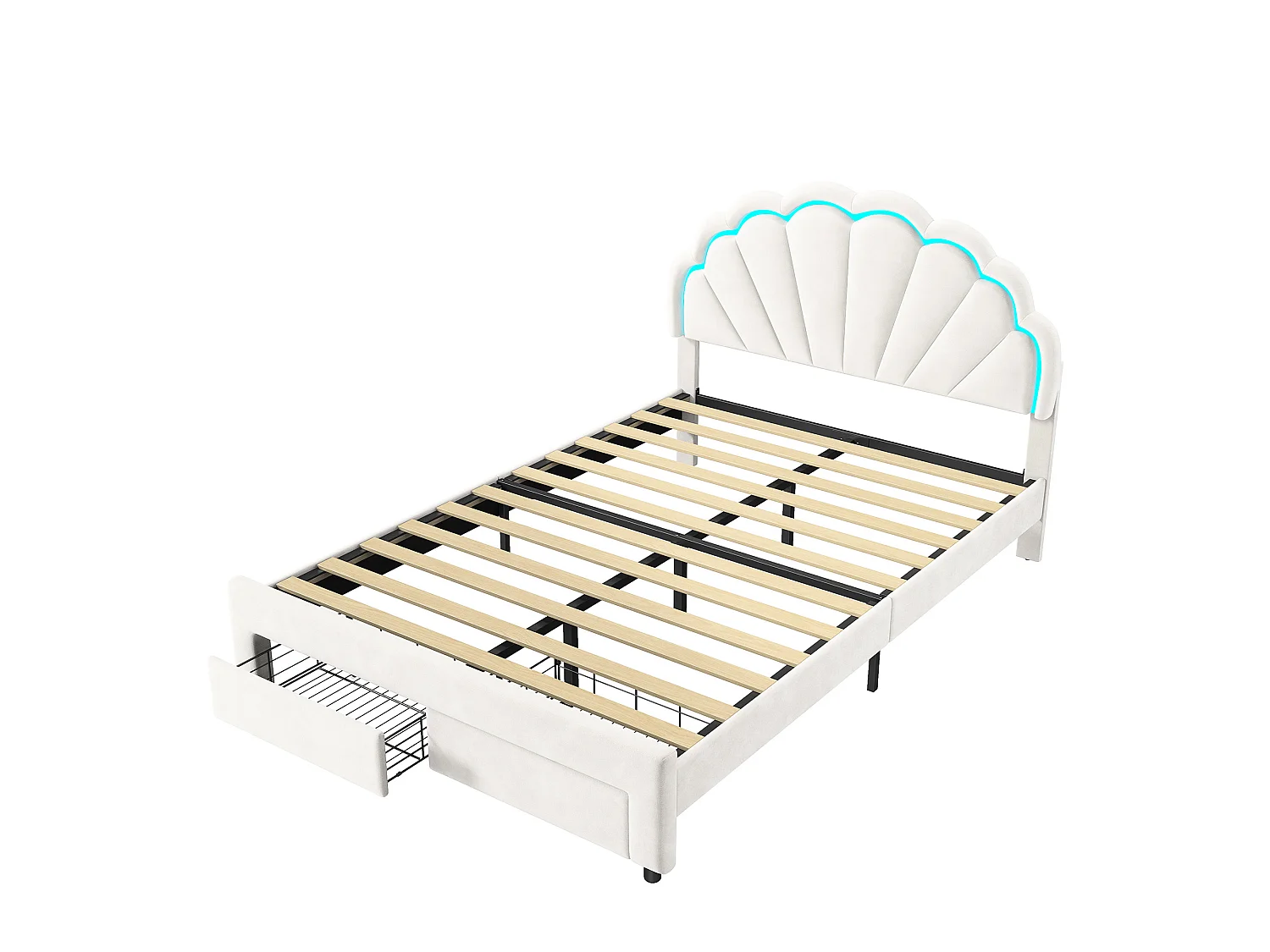 DreamMespace Lit Rembourré 140x200 cm - Meuble de Rangement Lit Coquille LED RGB & 2 Tiroirs, Velours Blanc