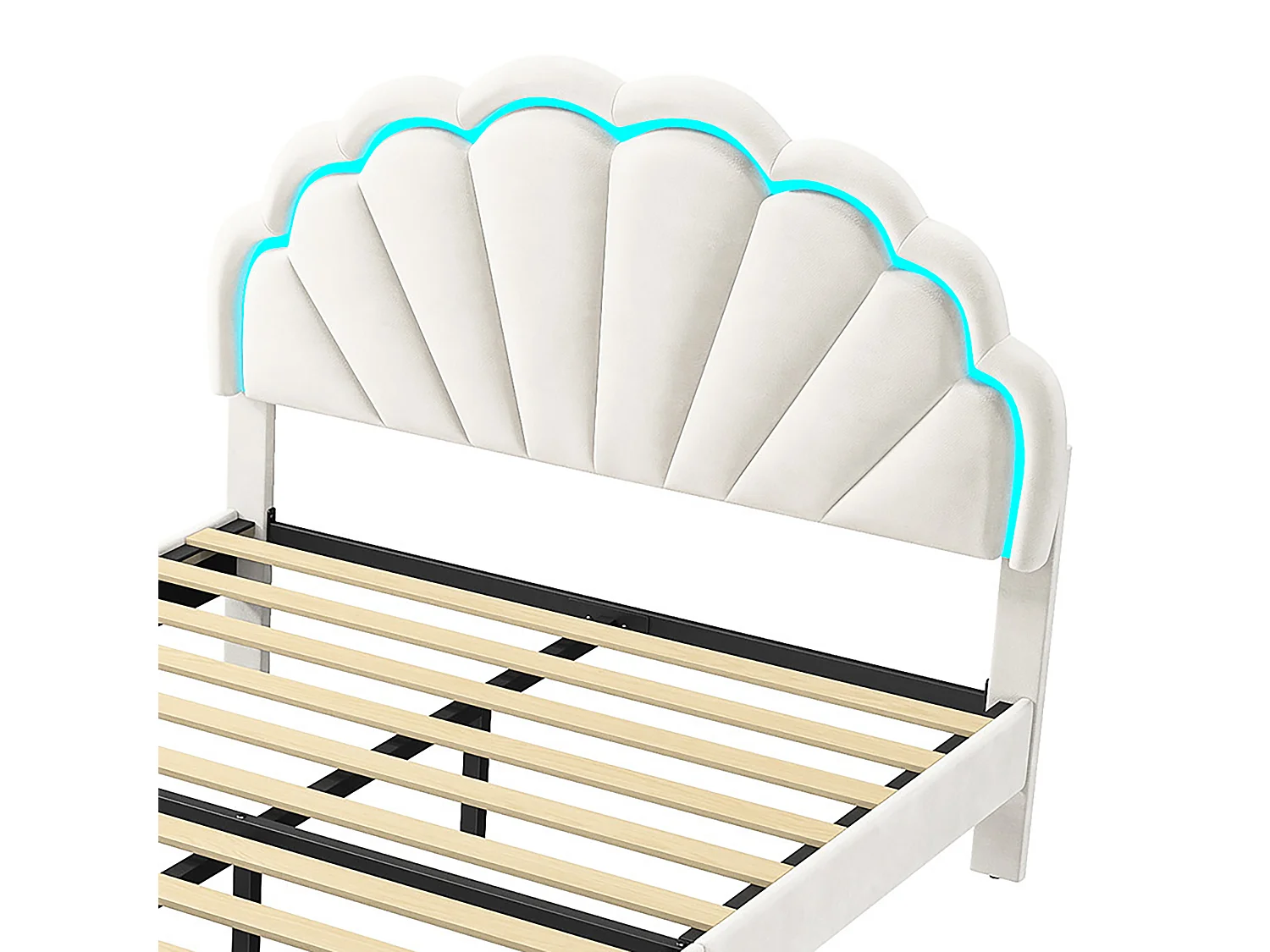 DreamMespace Lit Rembourré 140x200 cm - Meuble de Rangement Lit Coquille LED RGB & 2 Tiroirs, Velours Blanc