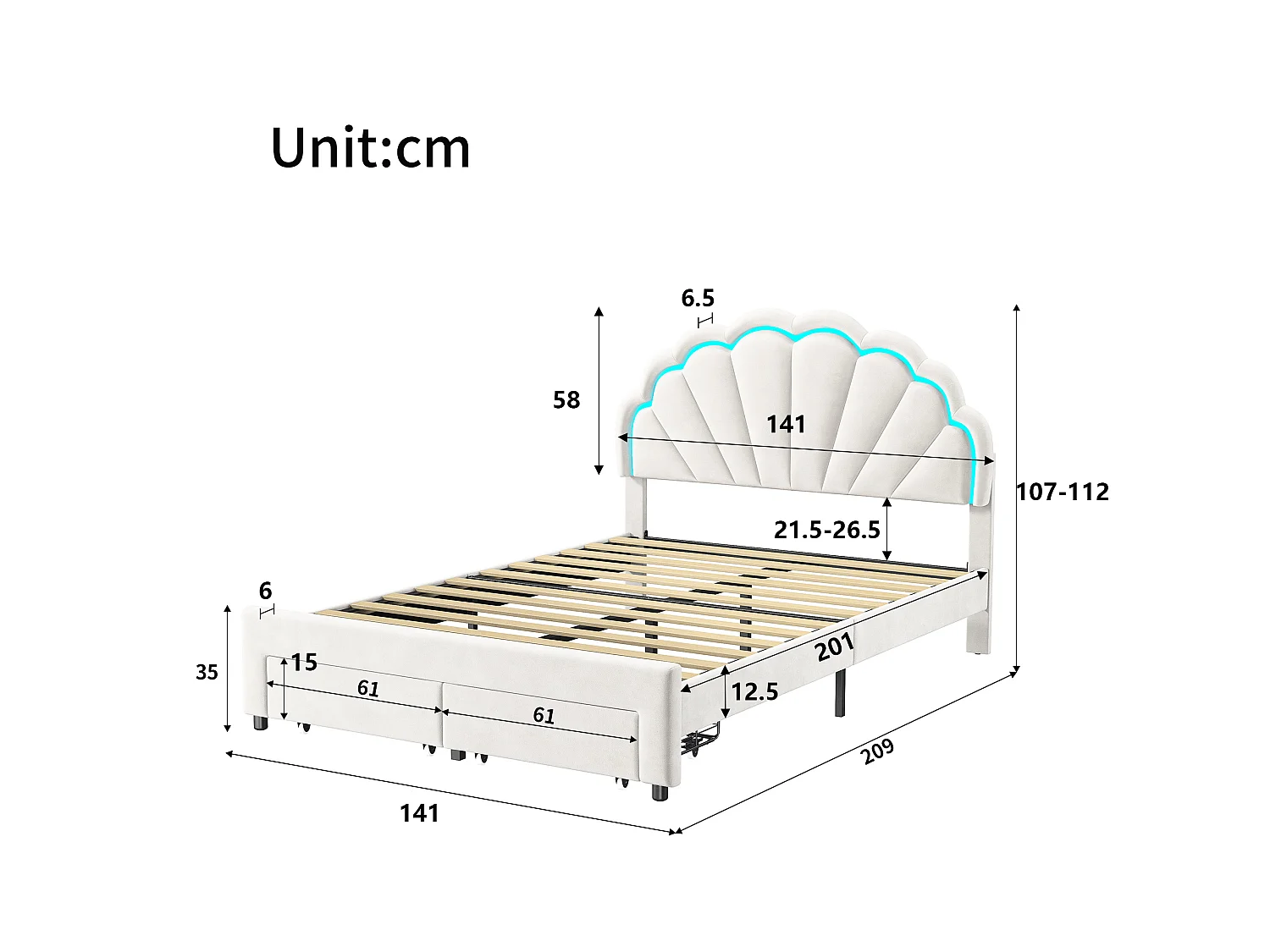 DreamMespace Lit Rembourré 140x200 cm - Meuble de Rangement Lit Coquille LED RGB & 2 Tiroirs, Velours Blanc