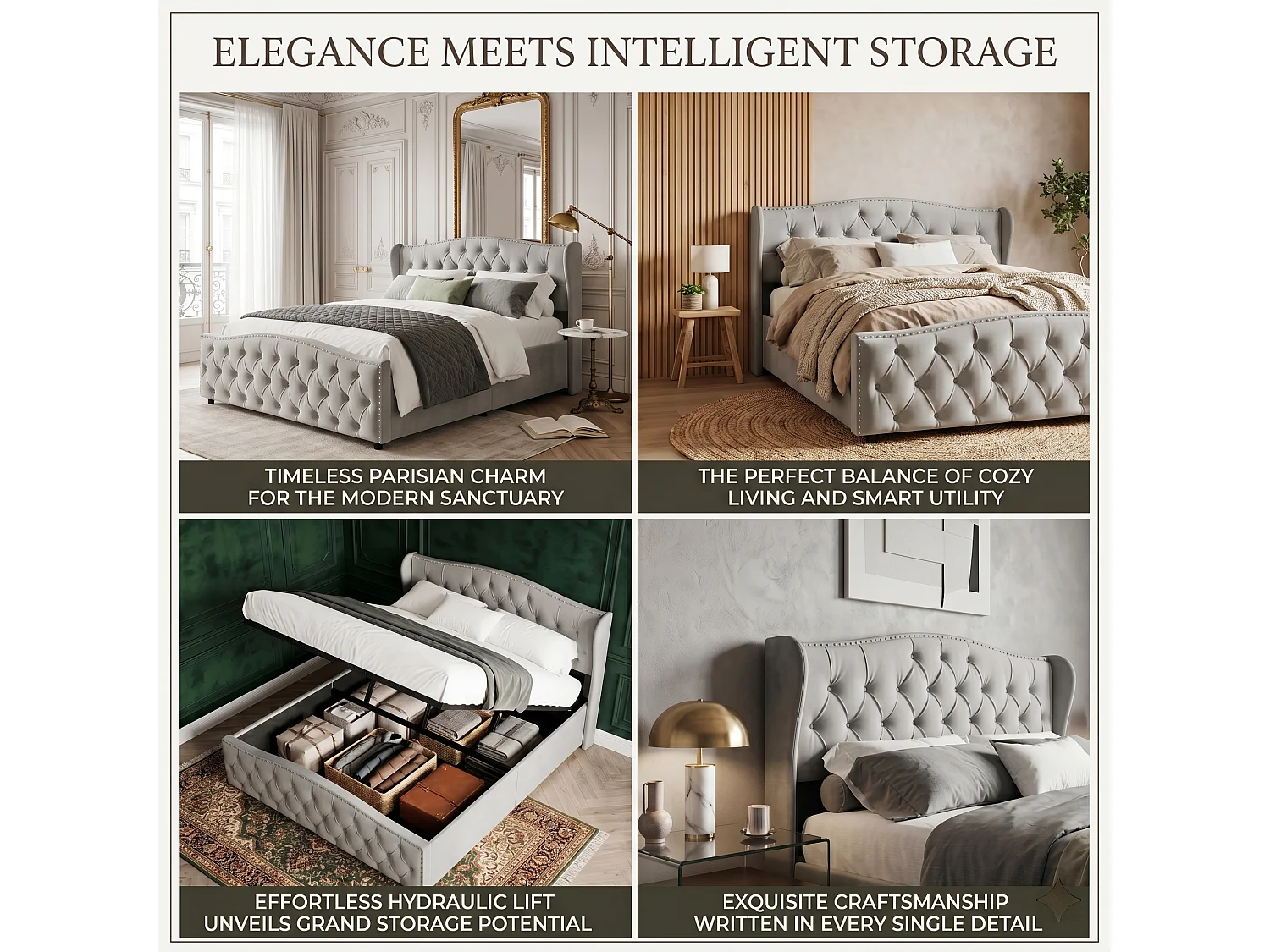 DreamMespace Lit Coffre 160x200 cm - Rangement Hydraulique avec Tête de Lit Vague & Rivets, Velours Gris