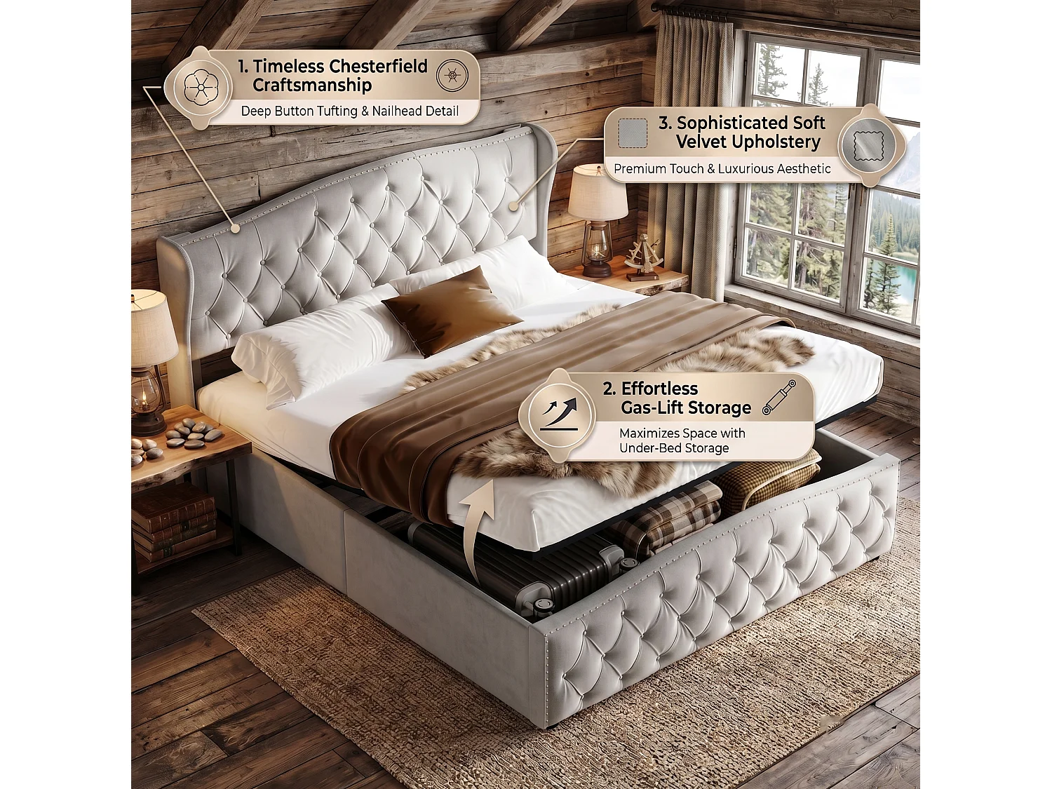 DreamMespace Lit Coffre 160x200 cm - Rangement Hydraulique avec Tête de Lit Vague & Rivets, Velours Gris