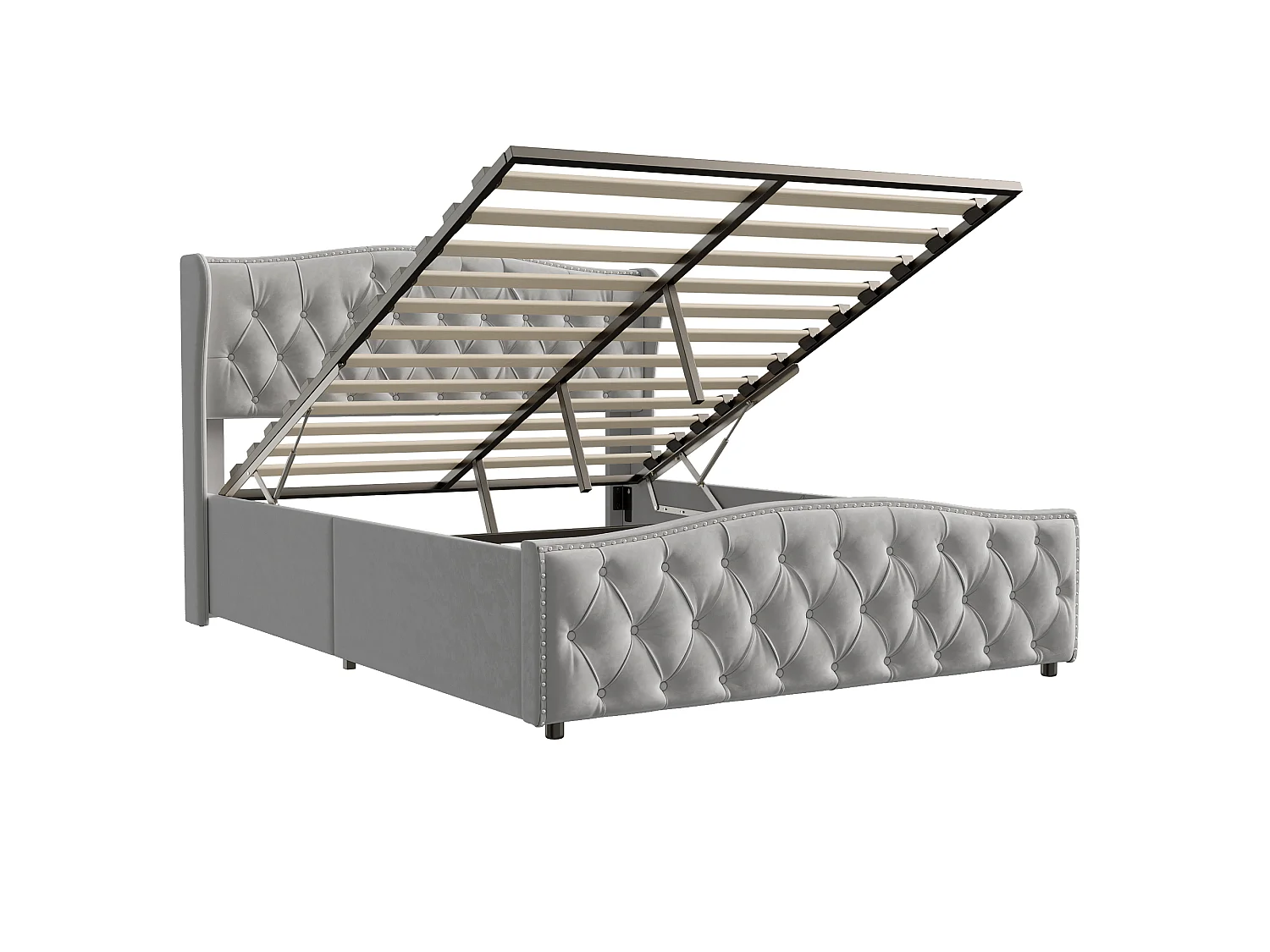 DreamMespace Lit Coffre 160x200 cm - Rangement Hydraulique avec Tête de Lit Vague & Rivets, Velours Gris