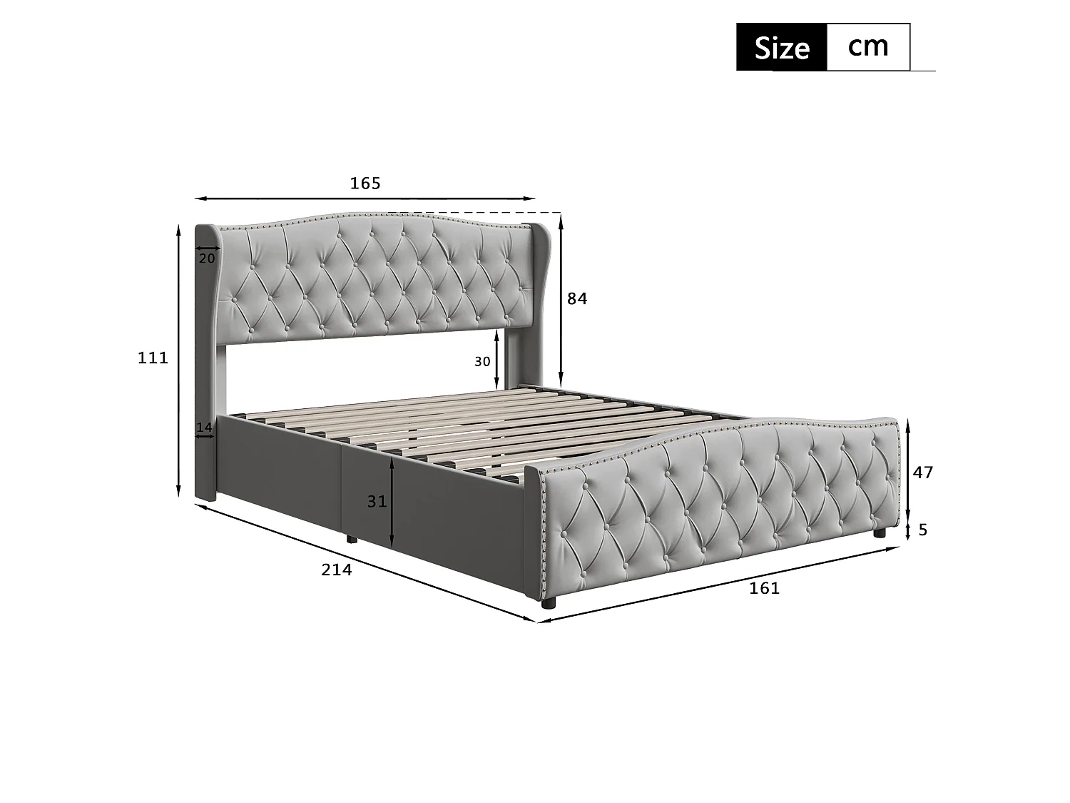 DreamMespace Lit Coffre 160x200 cm - Rangement Hydraulique avec Tête de Lit Vague & Rivets, Velours Gris