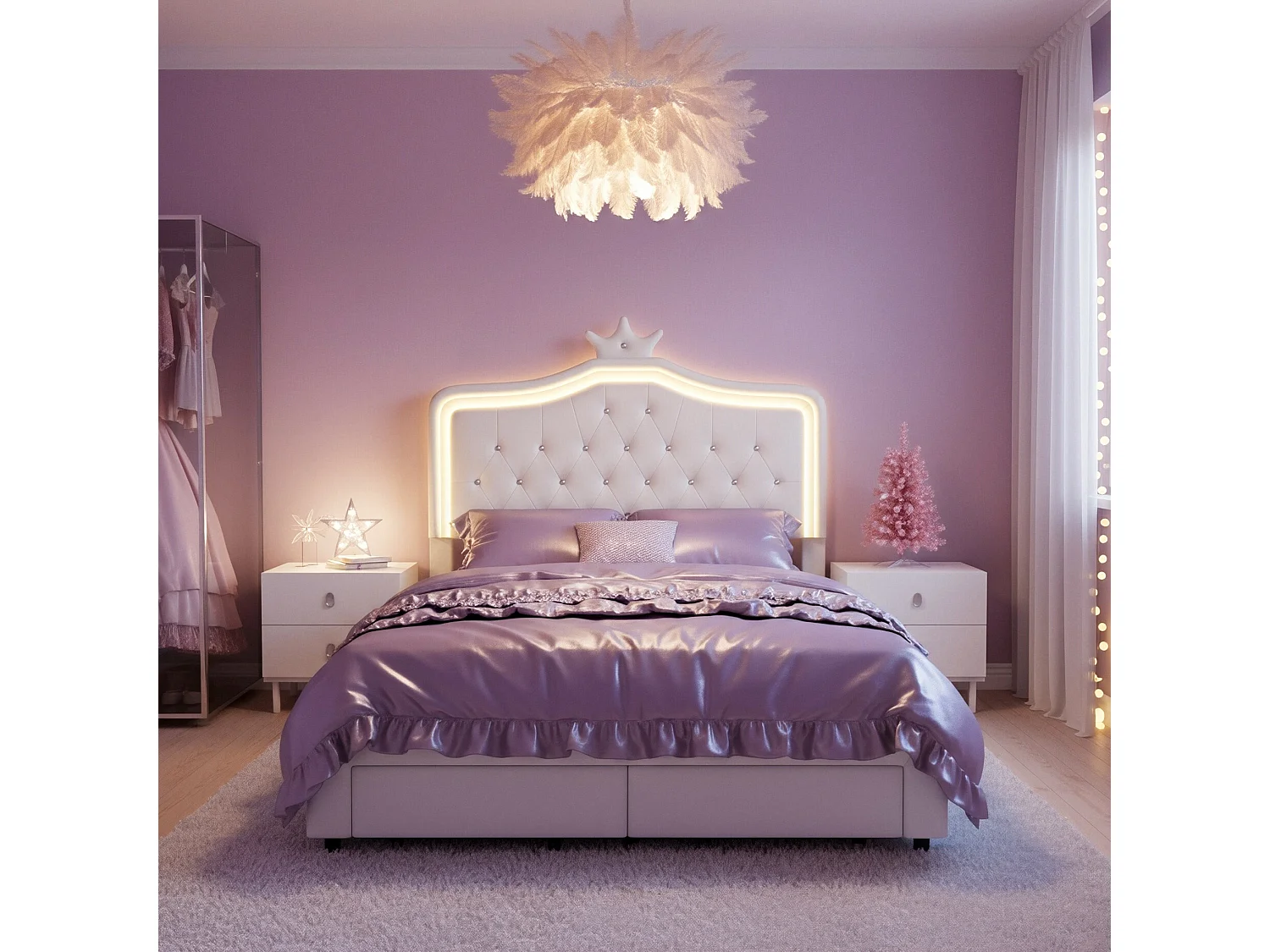 DreamMespace Lit Rembourré 140x200 cm - Meuble de Rangement Lit Couronne LED RGB & 2 Tiroirs, Simili Cuir Blanc