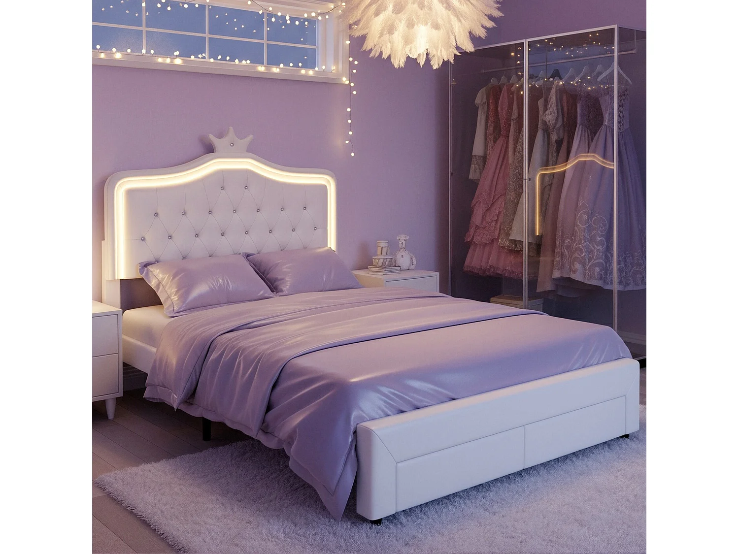 DreamMespace Lit Rembourré 140x200 cm - Meuble de Rangement Lit Couronne LED RGB & 2 Tiroirs, Simili Cuir Blanc