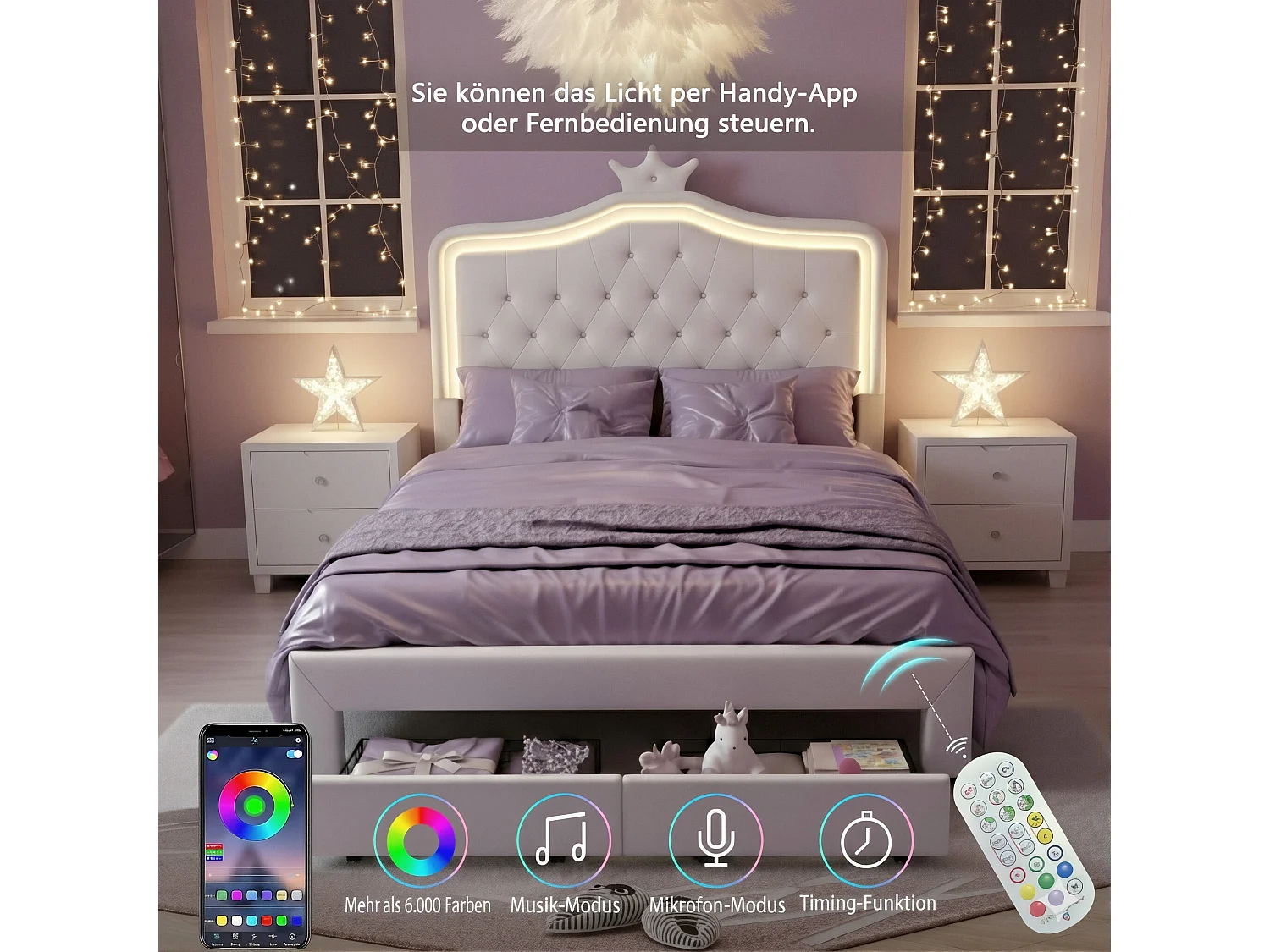 DreamMespace Lit Rembourré 140x200 cm - Meuble de Rangement Lit Couronne LED RGB & 2 Tiroirs, Simili Cuir Blanc