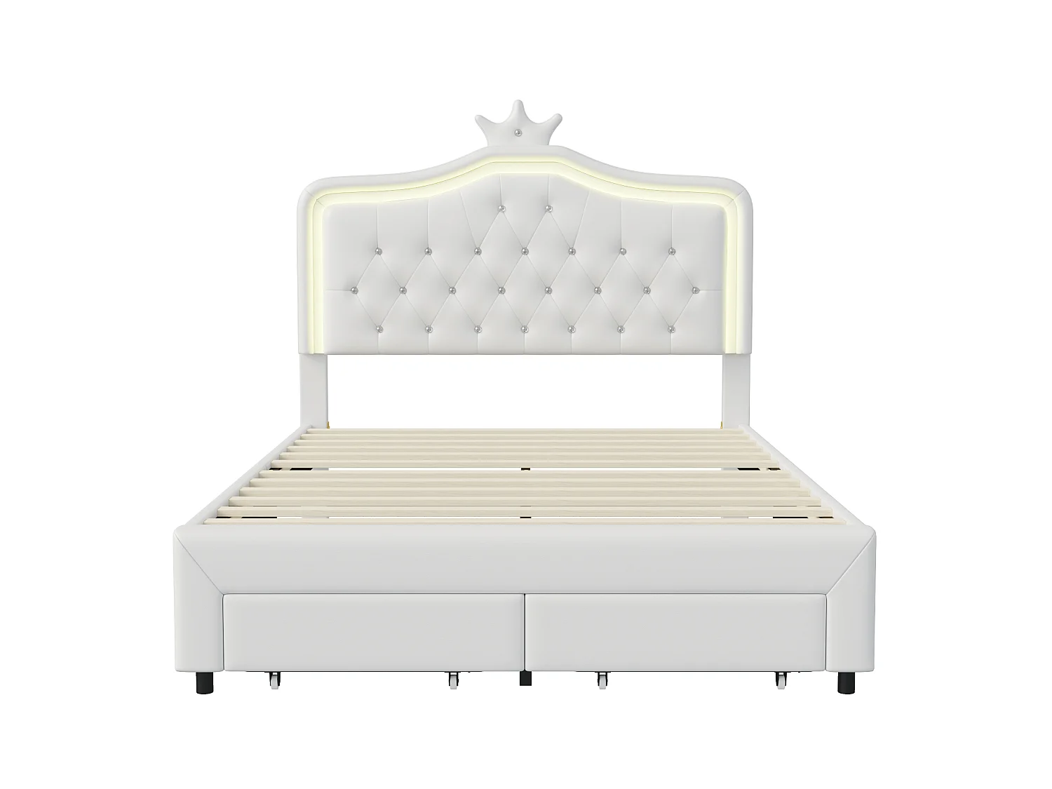 DreamMespace Lit Rembourré 140x200 cm - Meuble de Rangement Lit Couronne LED RGB & 2 Tiroirs, Simili Cuir Blanc