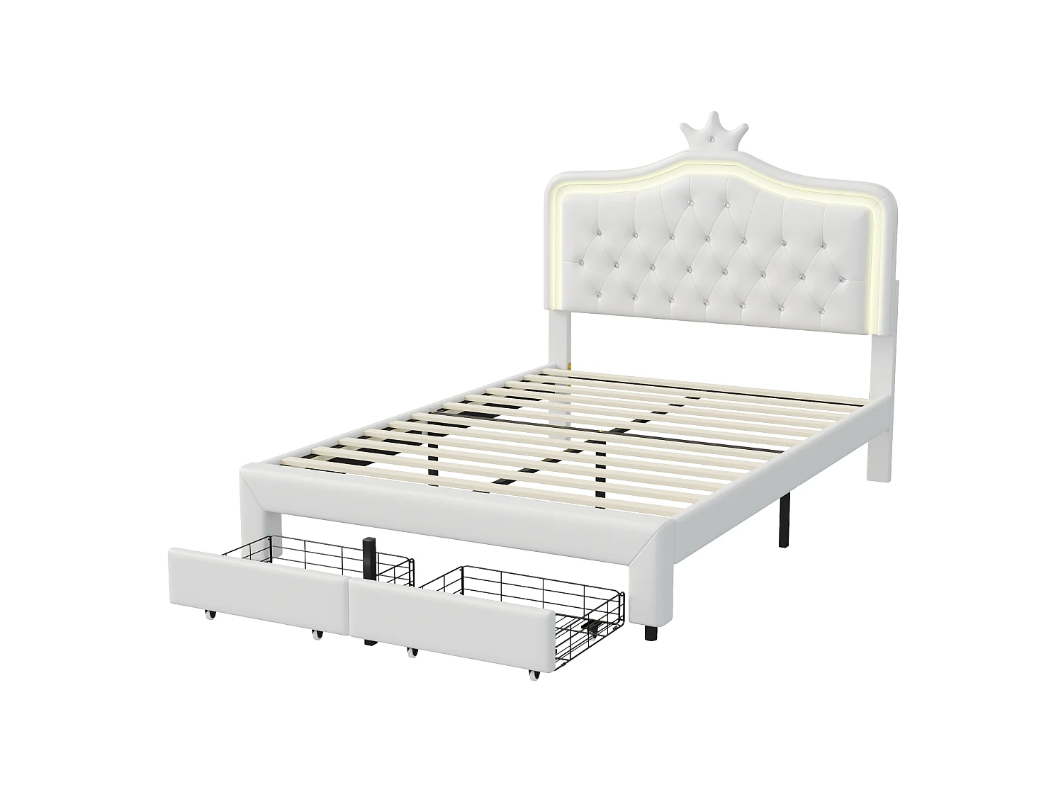 DreamMespace Lit Rembourré 140x200 cm - Meuble de Rangement Lit Couronne LED RGB & 2 Tiroirs, Simili Cuir Blanc