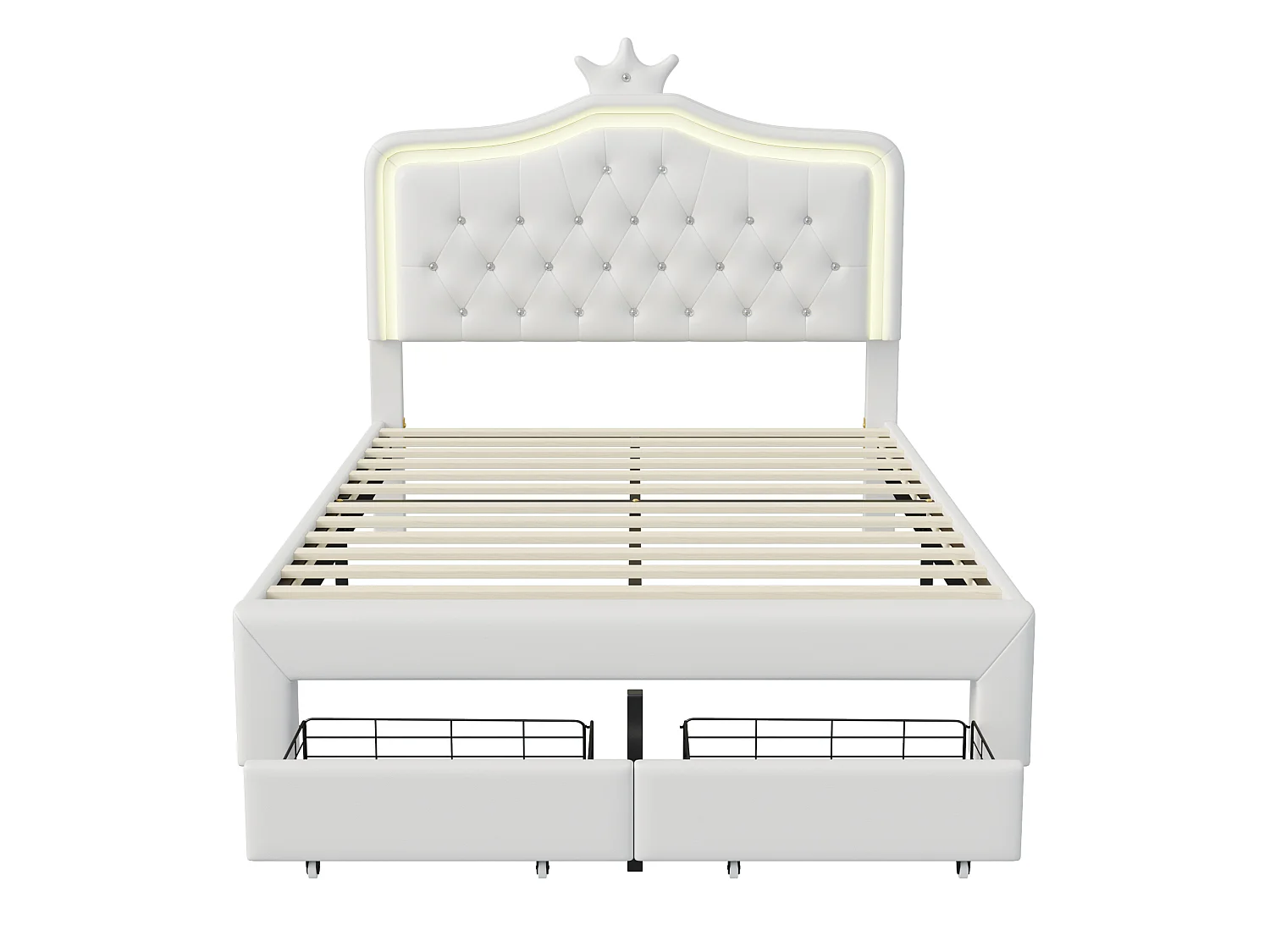 DreamMespace Lit Rembourré 140x200 cm - Meuble de Rangement Lit Couronne LED RGB & 2 Tiroirs, Simili Cuir Blanc