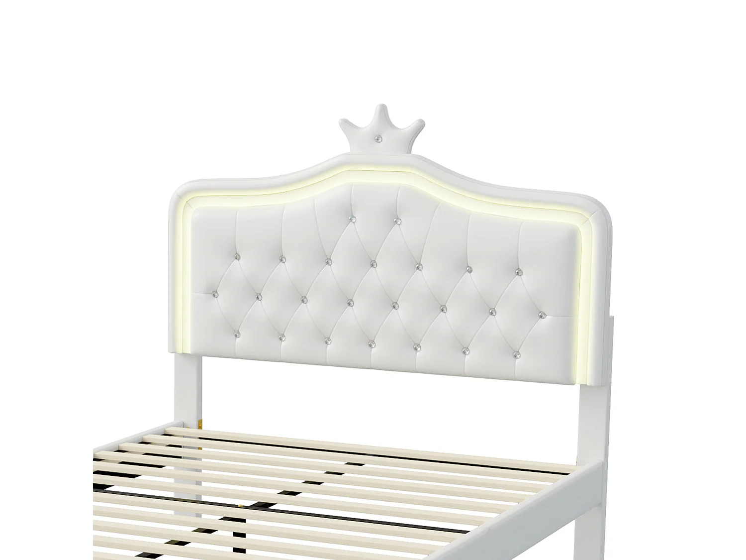 DreamMespace Lit Rembourré 140x200 cm - Meuble de Rangement Lit Couronne LED RGB & 2 Tiroirs, Simili Cuir Blanc