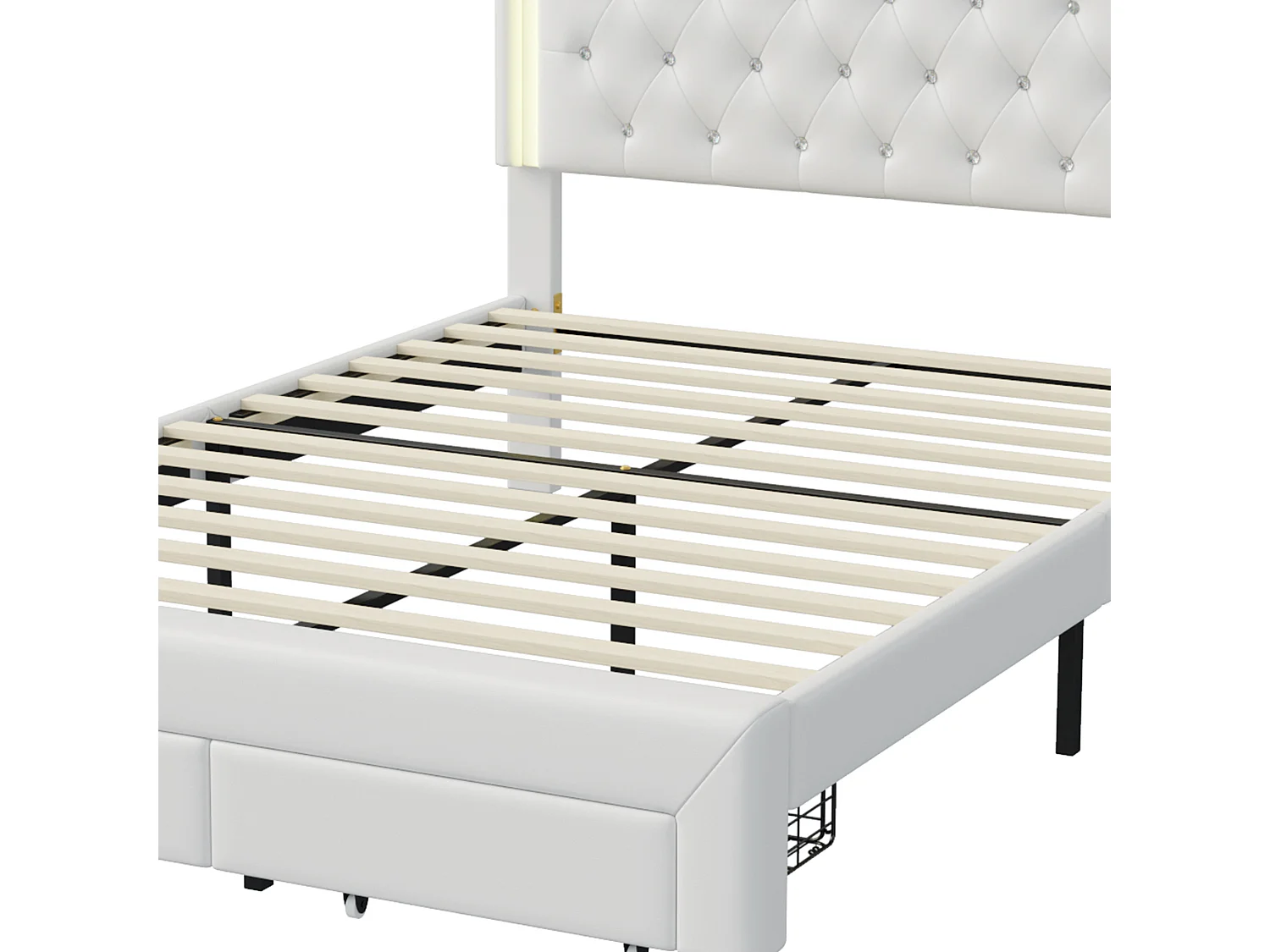 DreamMespace Lit Rembourré 140x200 cm - Meuble de Rangement Lit Couronne LED RGB & 2 Tiroirs, Simili Cuir Blanc