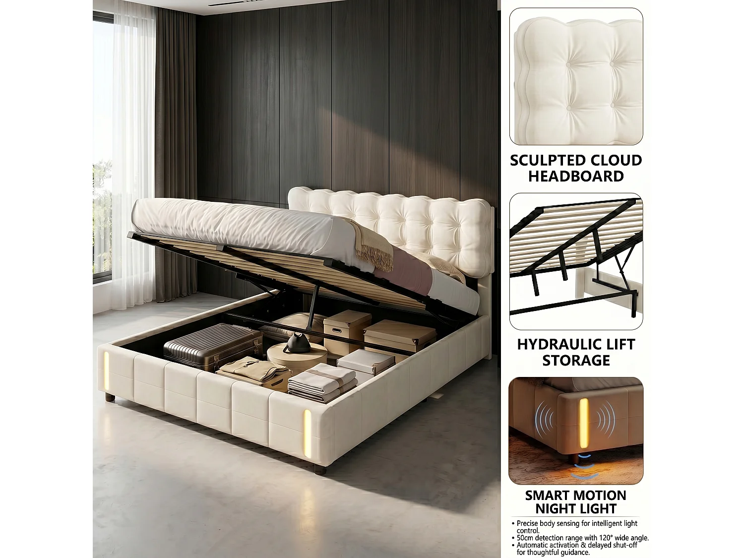 DreamMespace Lit Coffre 140x200 cm - Rangement Hydraulique avec Éclairage LED à Détection Automatique, Velours Beige