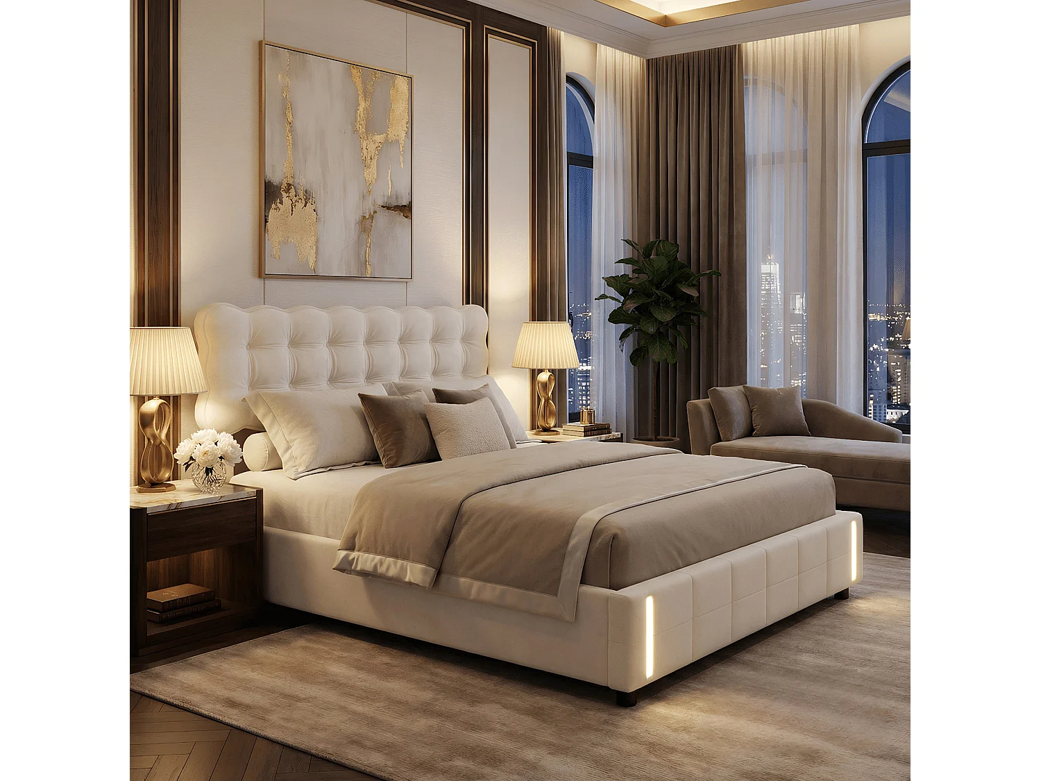 DreamMespace Lit Coffre 140x200 cm - Rangement Hydraulique avec Éclairage LED à Détection Automatique, Velours Beige