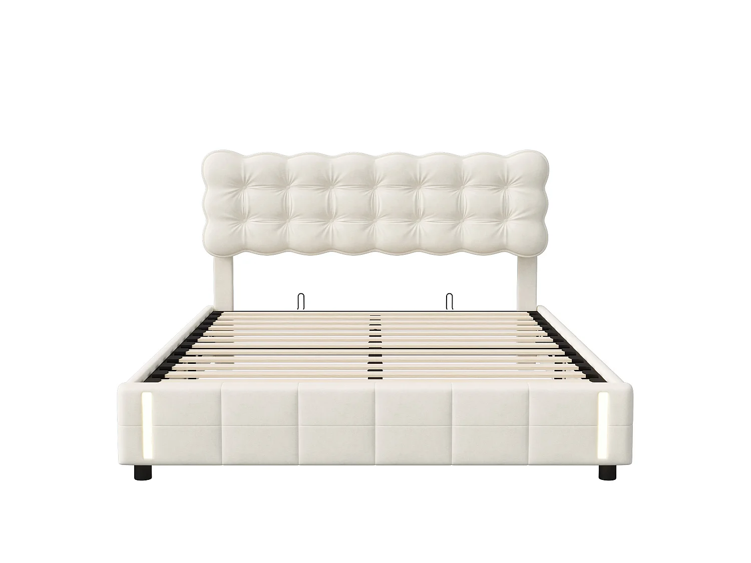 DreamMespace Lit Coffre 140x200 cm - Rangement Hydraulique avec Éclairage LED à Détection Automatique, Velours Beige
