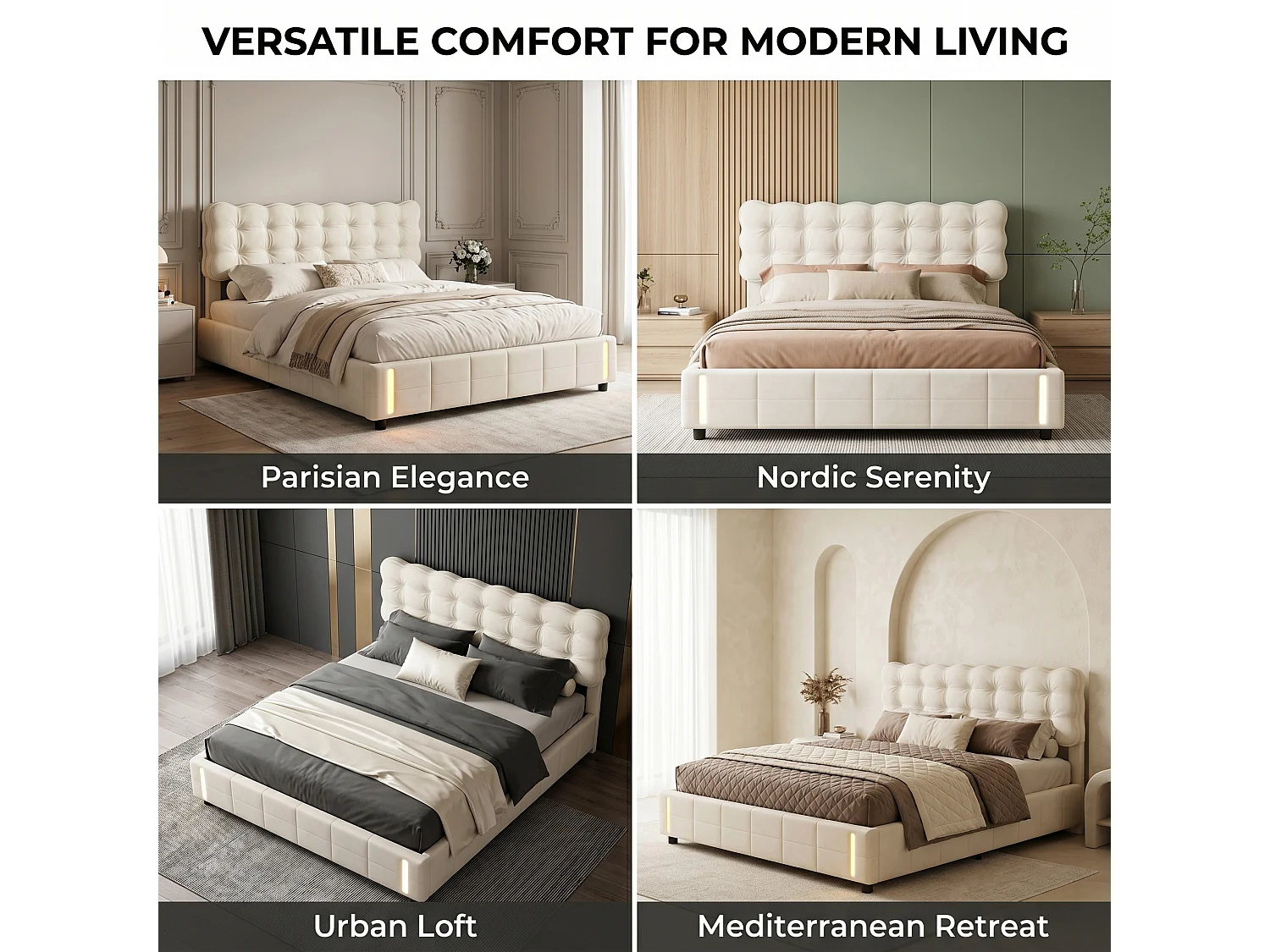 DreamMespace Lit Coffre 140x190 cm - Rangement Hydraulique avec Éclairage LED à Détection Automatique, Velours Beige